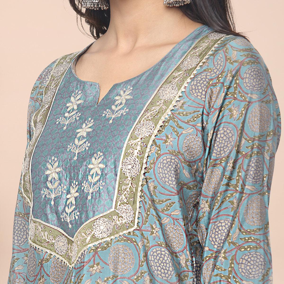 Mehndi Green Patywear Floral Embroidered Cotton Silk Kurti Pant Set With Dupatta - Peachmode
