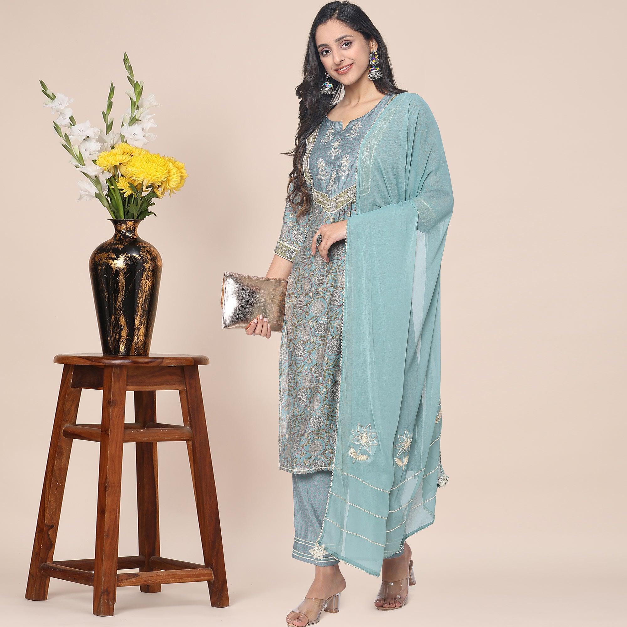 Mehndi Green Patywear Floral Embroidered Cotton Silk Kurti Pant Set With Dupatta - Peachmode