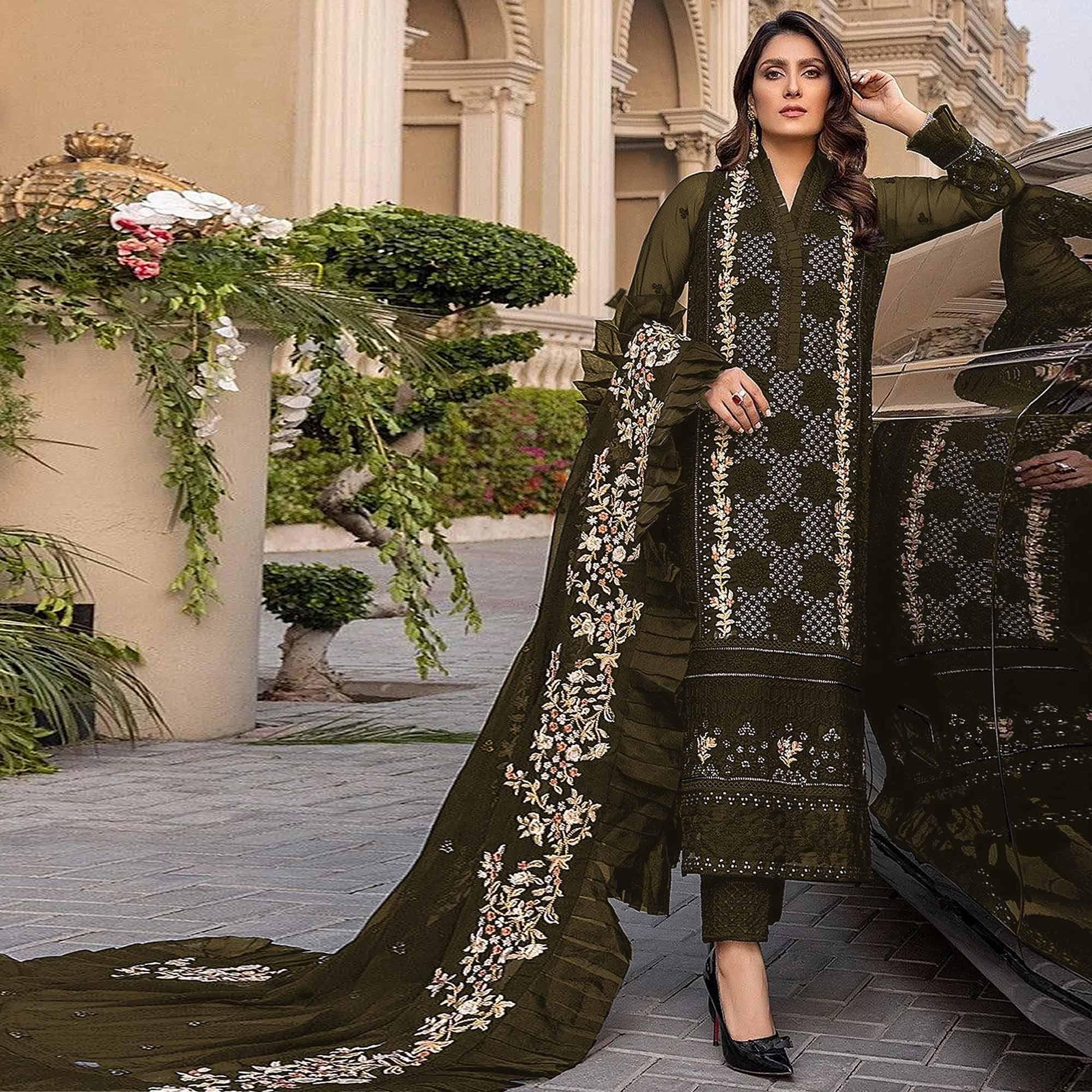 Mehndi Green Sequence With Floral Embroidered Georgette Pakistani Suit - Peachmode