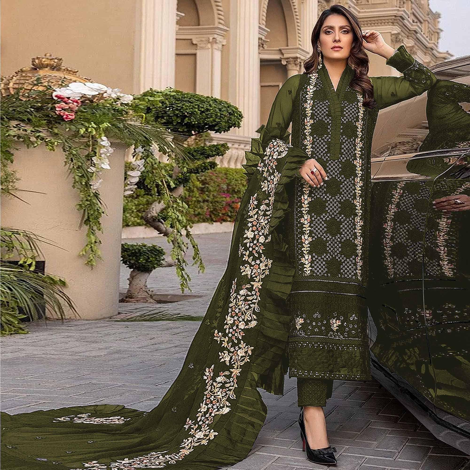 Mehndi Green Sequence With Floral Embroidered Georgette Pakistani Suit - Peachmode