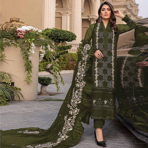 Mehndi Green Sequence With Floral Embroidered Georgette Pakistani Suit - Peachmode