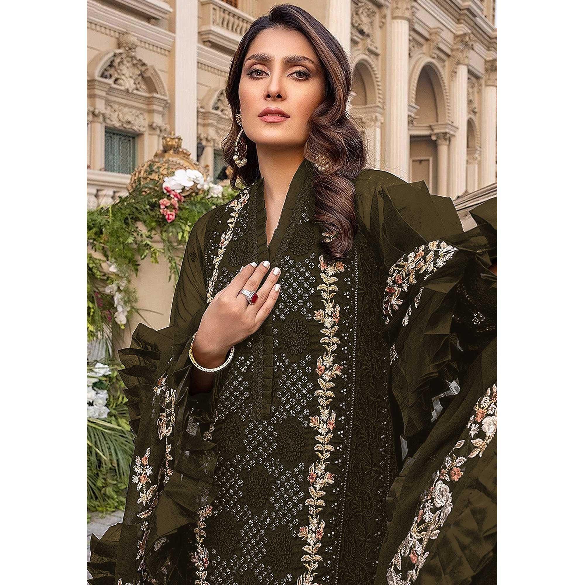 Mehndi Green Sequence With Floral Embroidered Georgette Pakistani Suit - Peachmode