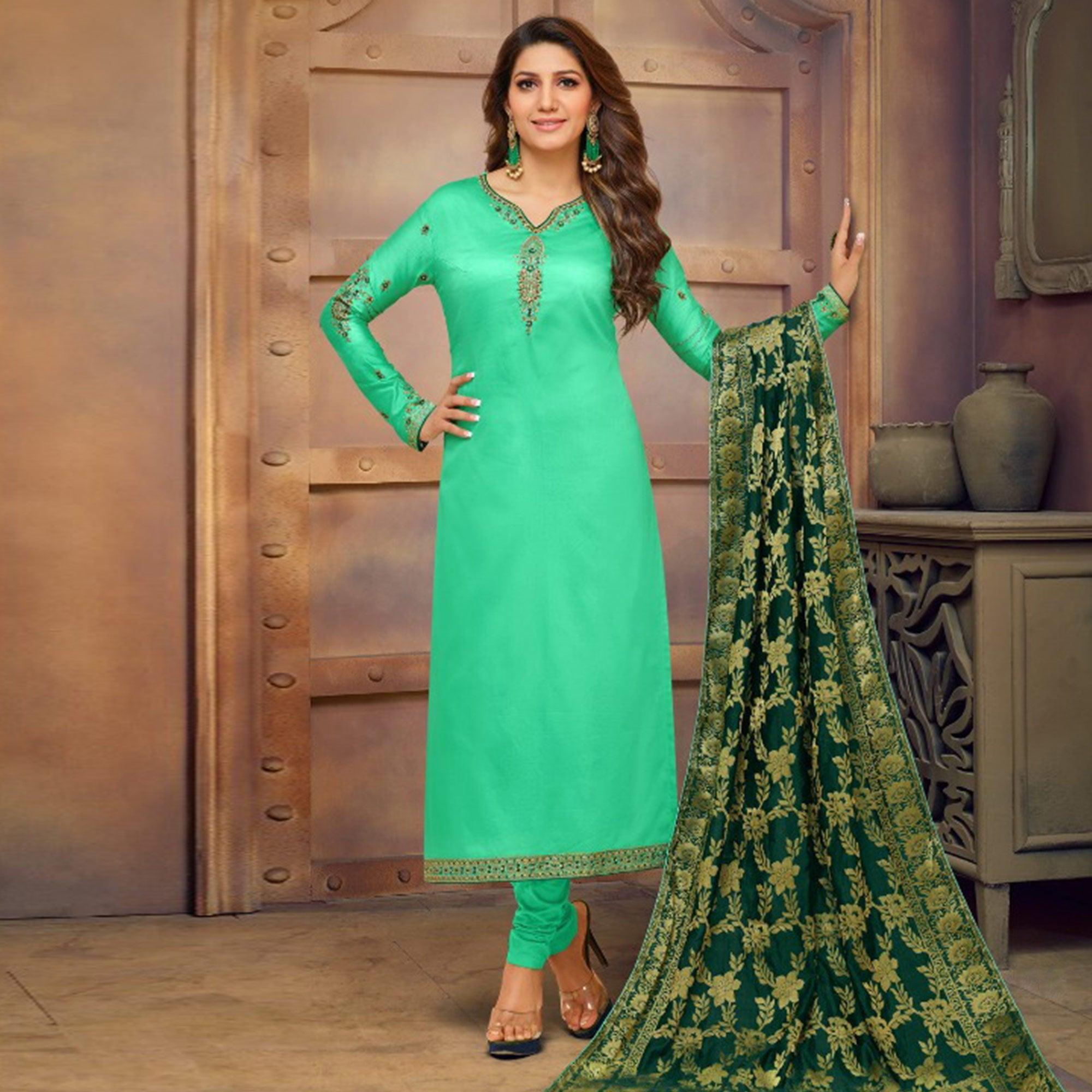 Mesmeric Aqua Green Colored Partywear Embroidered Jam Cotton Suit With Banarasi Silk Dupatta - Peachmode