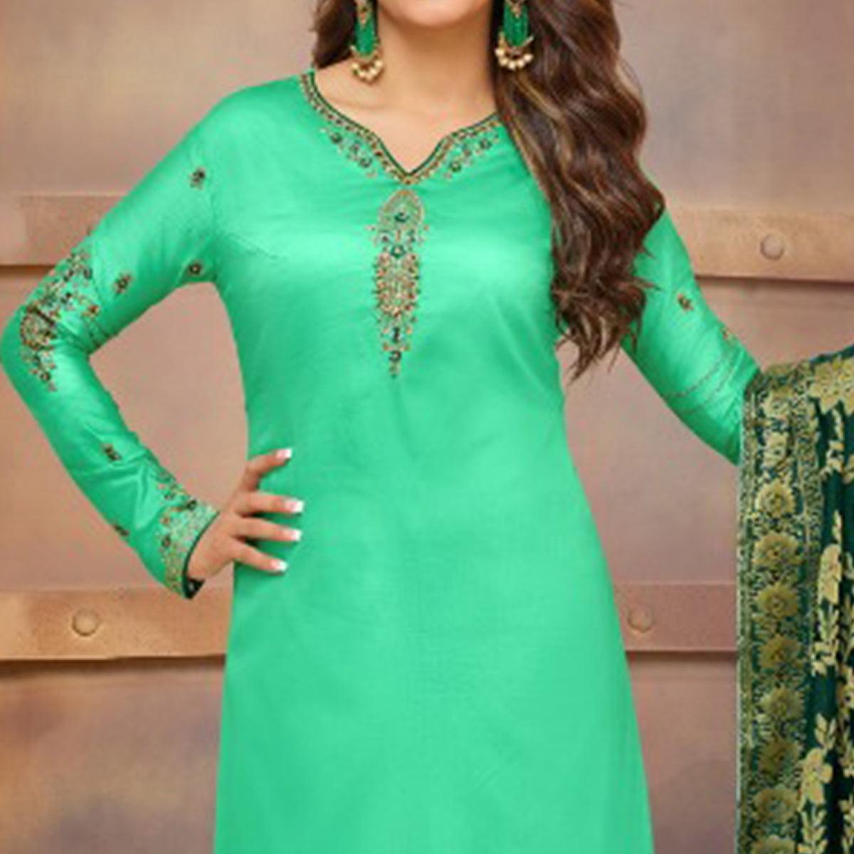 Mesmeric Aqua Green Colored Partywear Embroidered Jam Cotton Suit With Banarasi Silk Dupatta - Peachmode