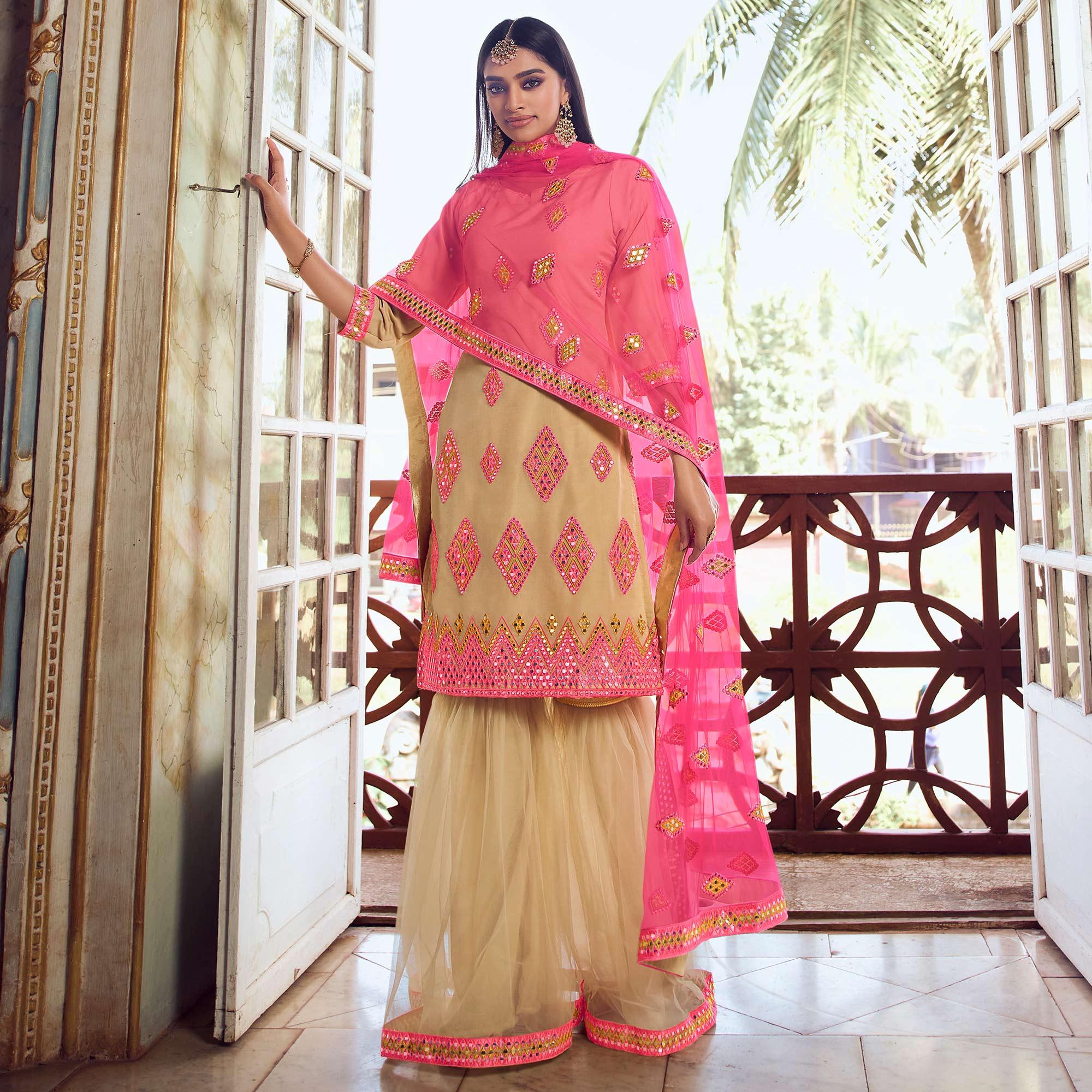 Mesmeric Beige Coloured Partywear Thread Foil Mirror Work Organza Pallazo Suit - Peachmode