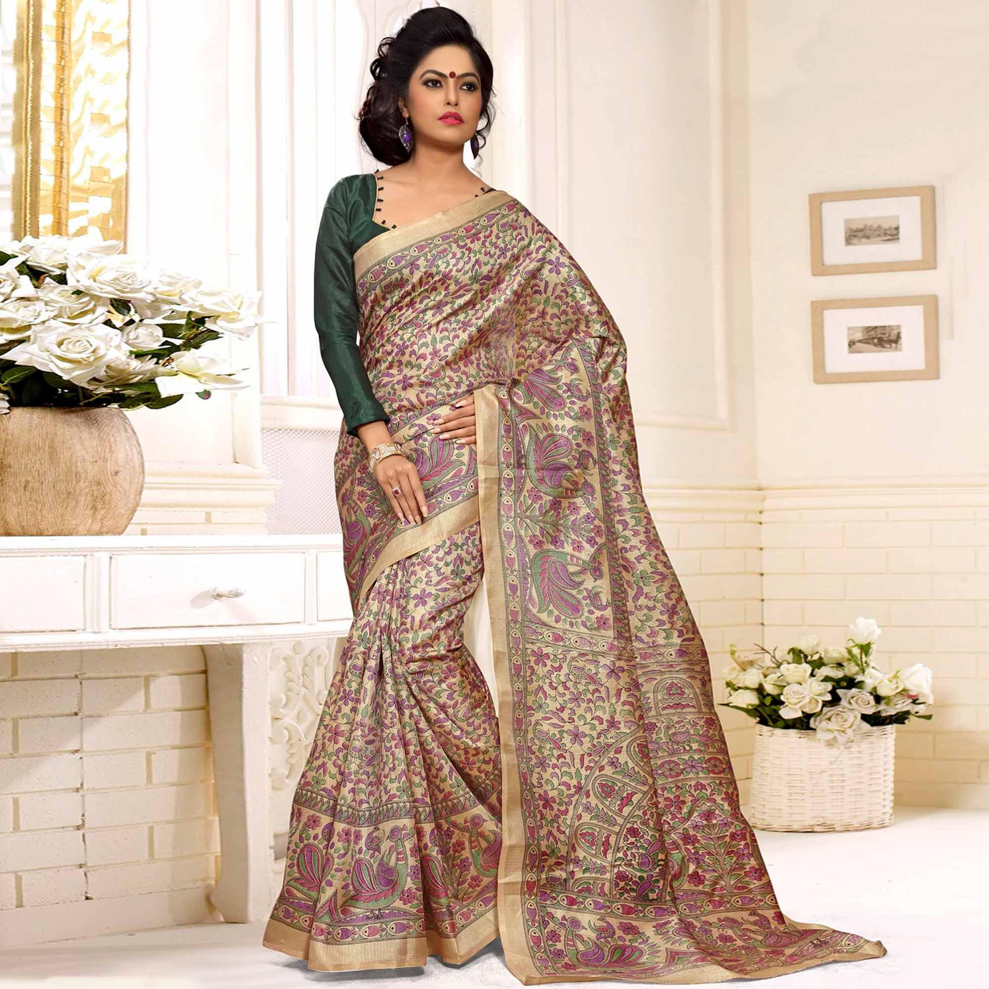 Mesmeric Beige-Green Colored Casual Madhubani Printed Cotton Silk Saree - Peachmode