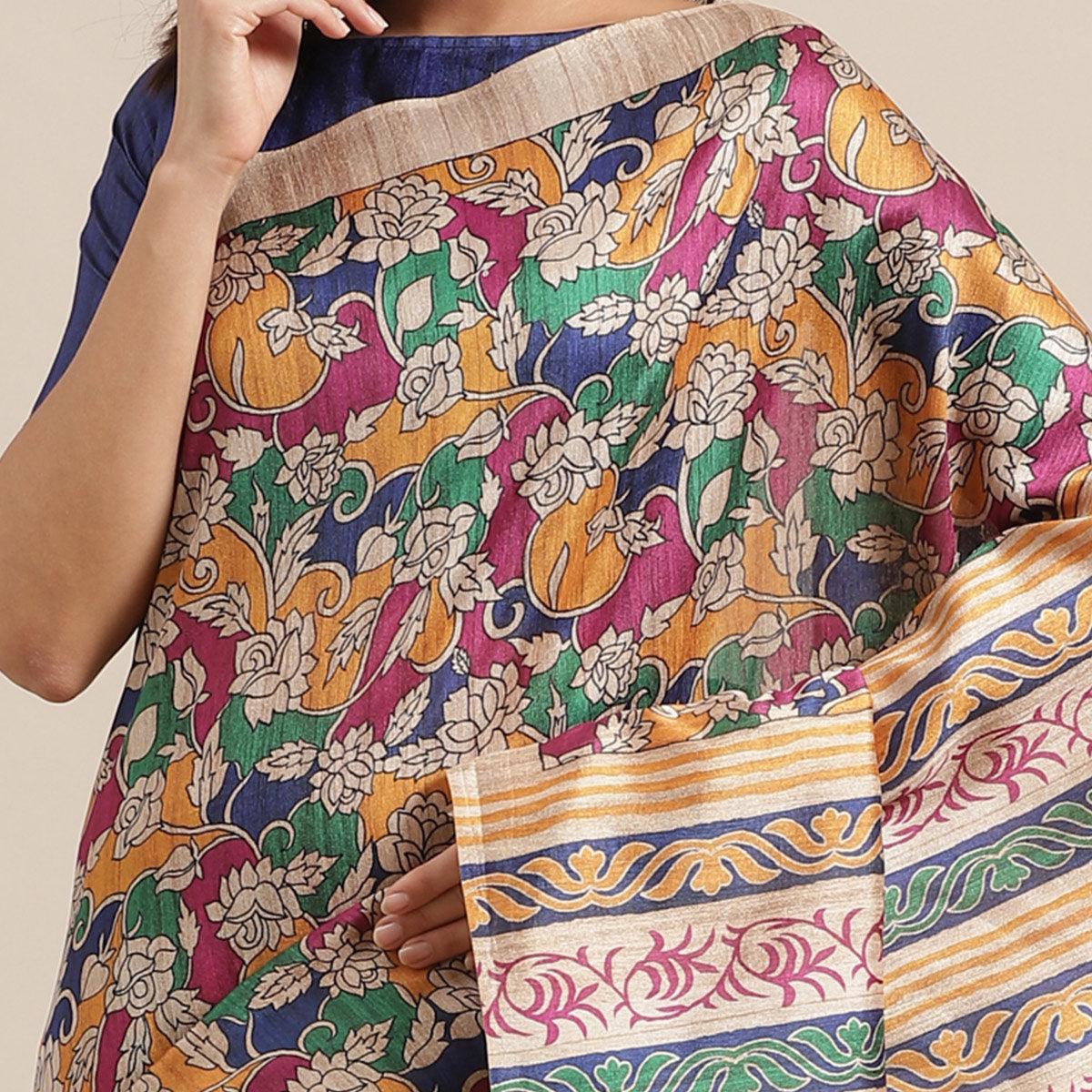 Mesmeric Beige-Multi Colored Casual Wear Floral Printed Silk Blend Saree With Tassels - Peachmode