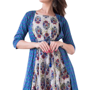 Mesmeric Blue-Multi Colored Casual Printed Muslin Jacket Style Gown - Peachmode