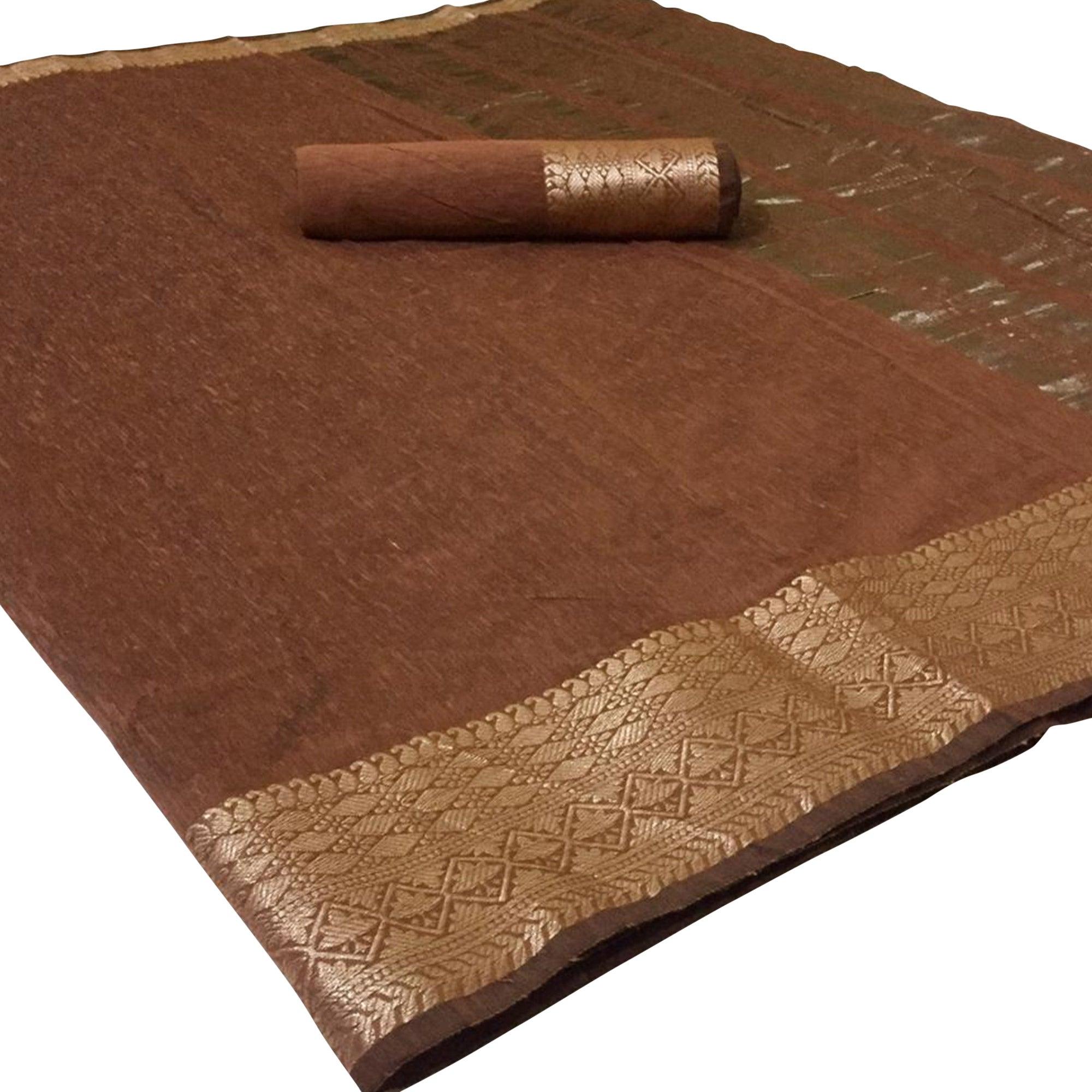 Mesmeric Brown Colored Festive Wear Woven Linen Saree - Peachmode