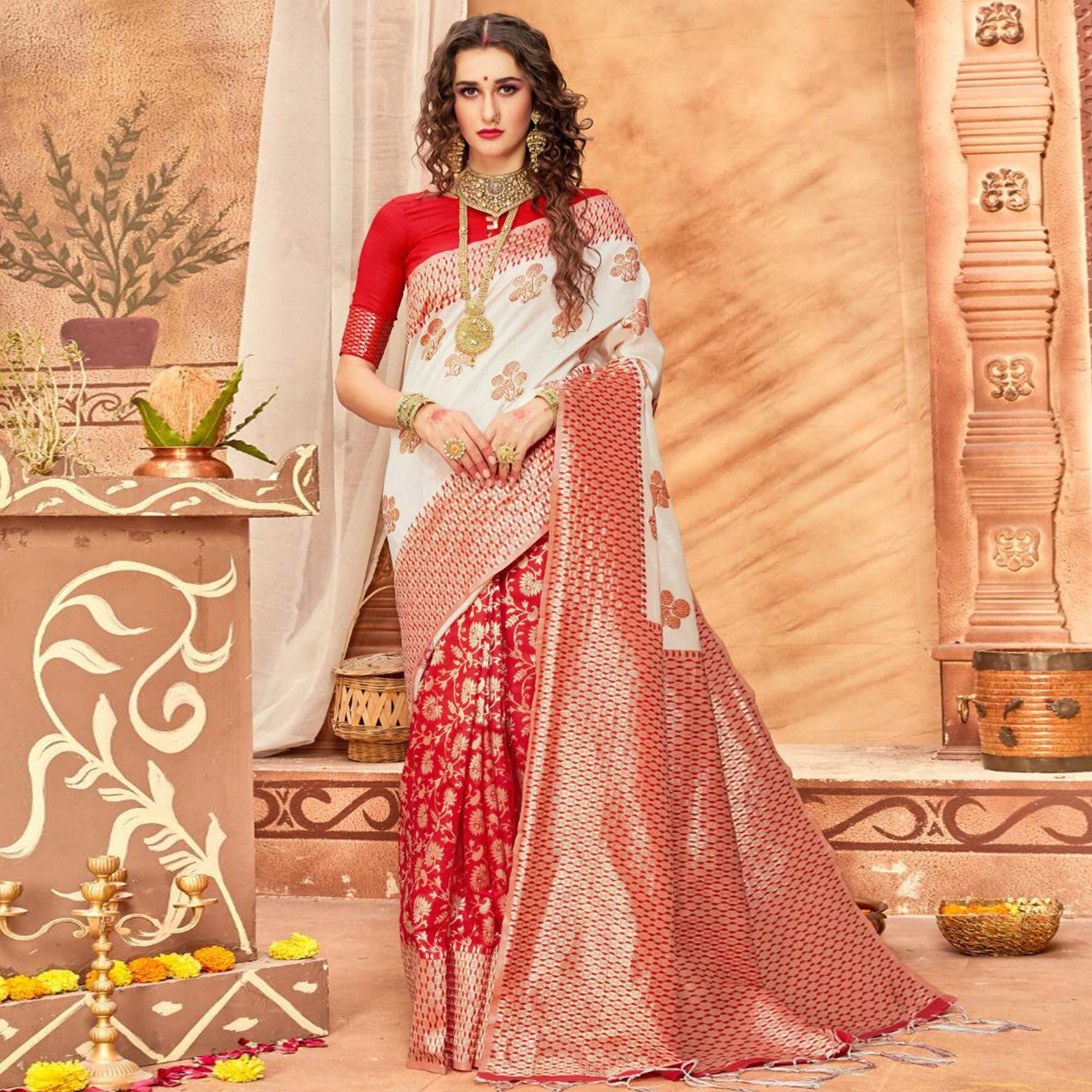 Mesmeric Cream & Red Colored Festive Wear Woven Silk Blend Saree With Tassels - Peachmode