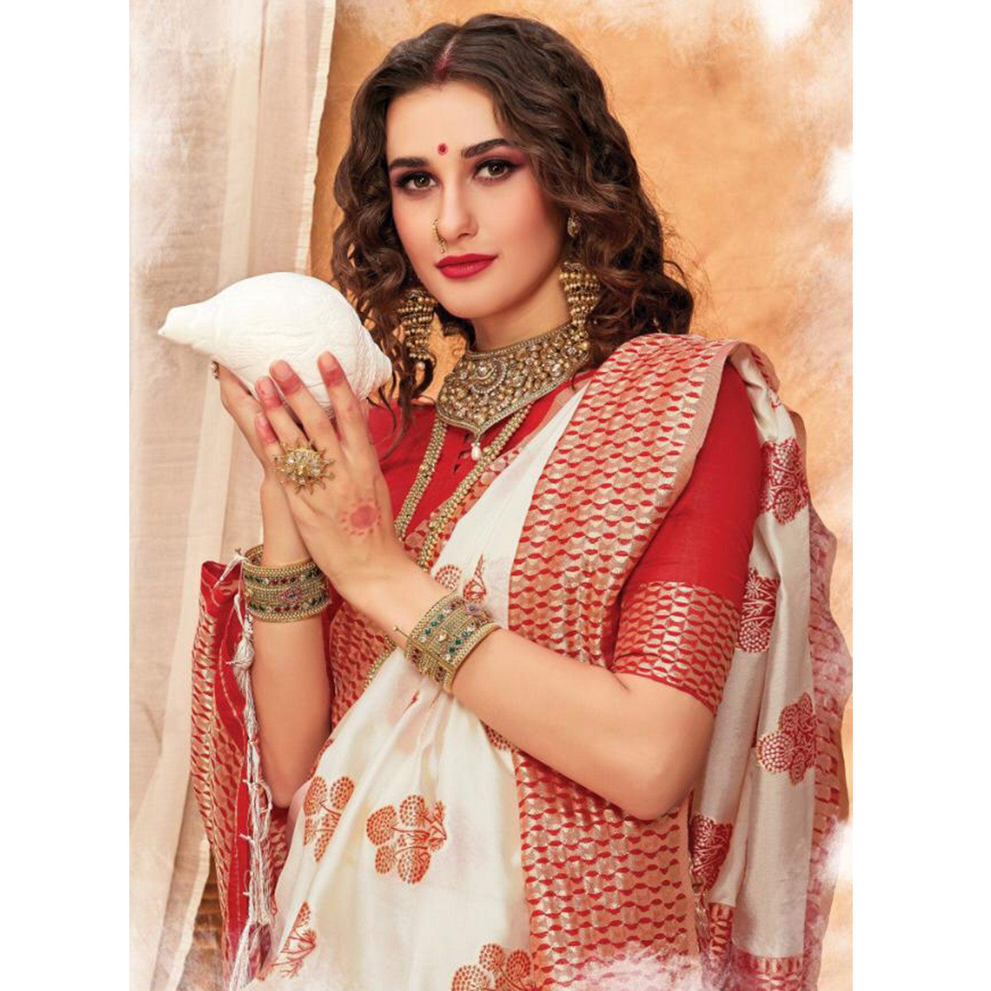 Mesmeric Cream & Red Colored Festive Wear Woven Silk Blend Saree With Tassels - Peachmode