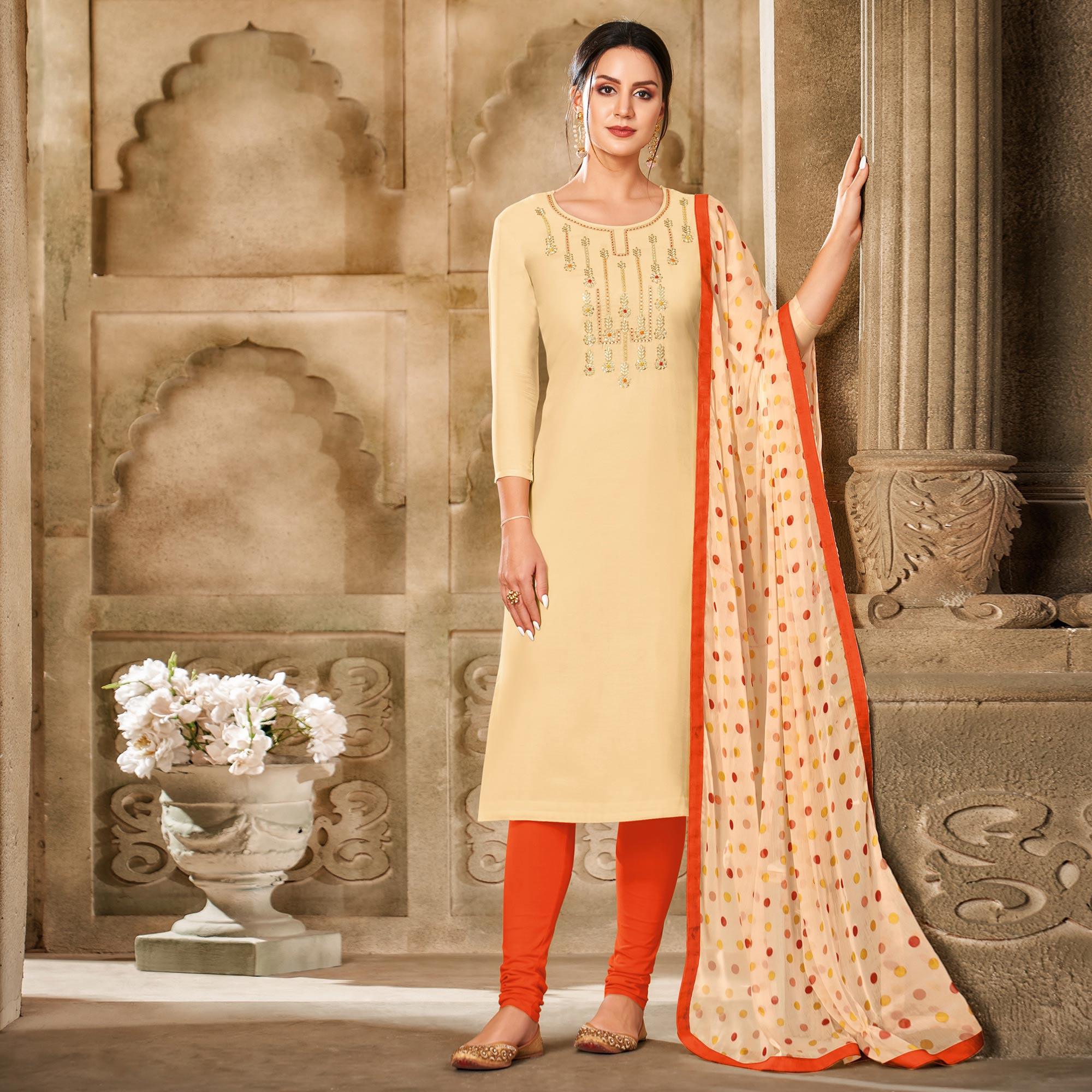 Mesmeric Cream Colored Casual Wear Embroidered Chanderi Dress Material - Peachmode