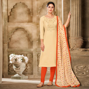 Mesmeric Cream Colored Casual Wear Embroidered Chanderi Dress Material - Peachmode