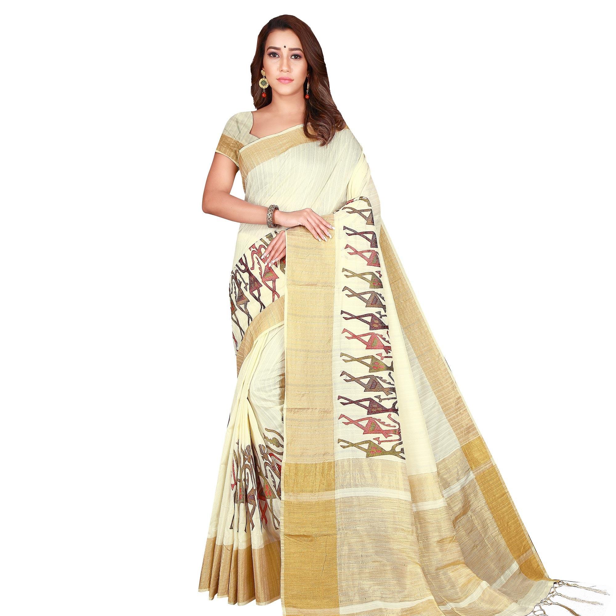 Mesmeric Cream Colored Festive Wear Woven Silk Saree - Peachmode