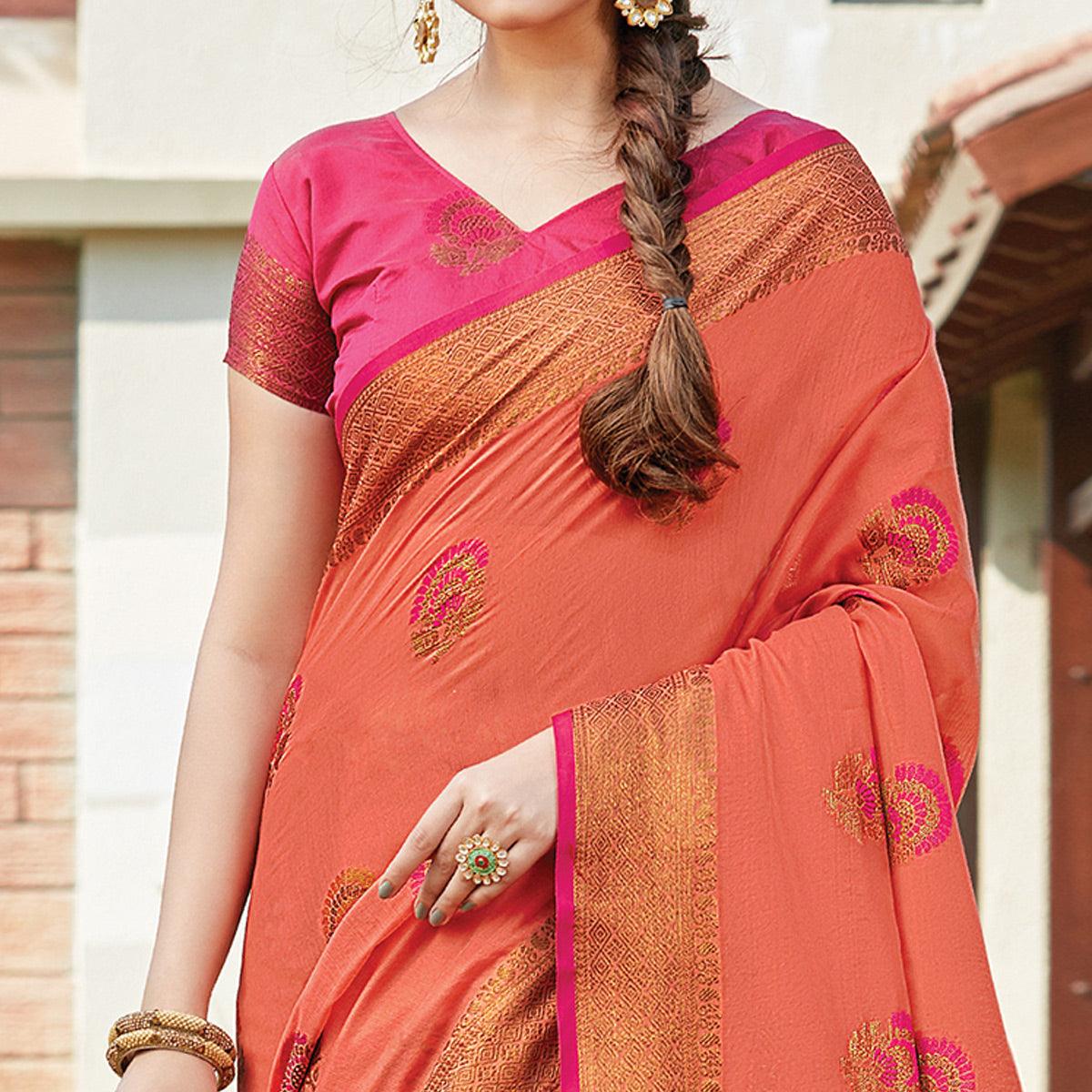 Mesmeric Dark Peach Colored Festive Wear Woven Cotton Handloom Saree - Peachmode