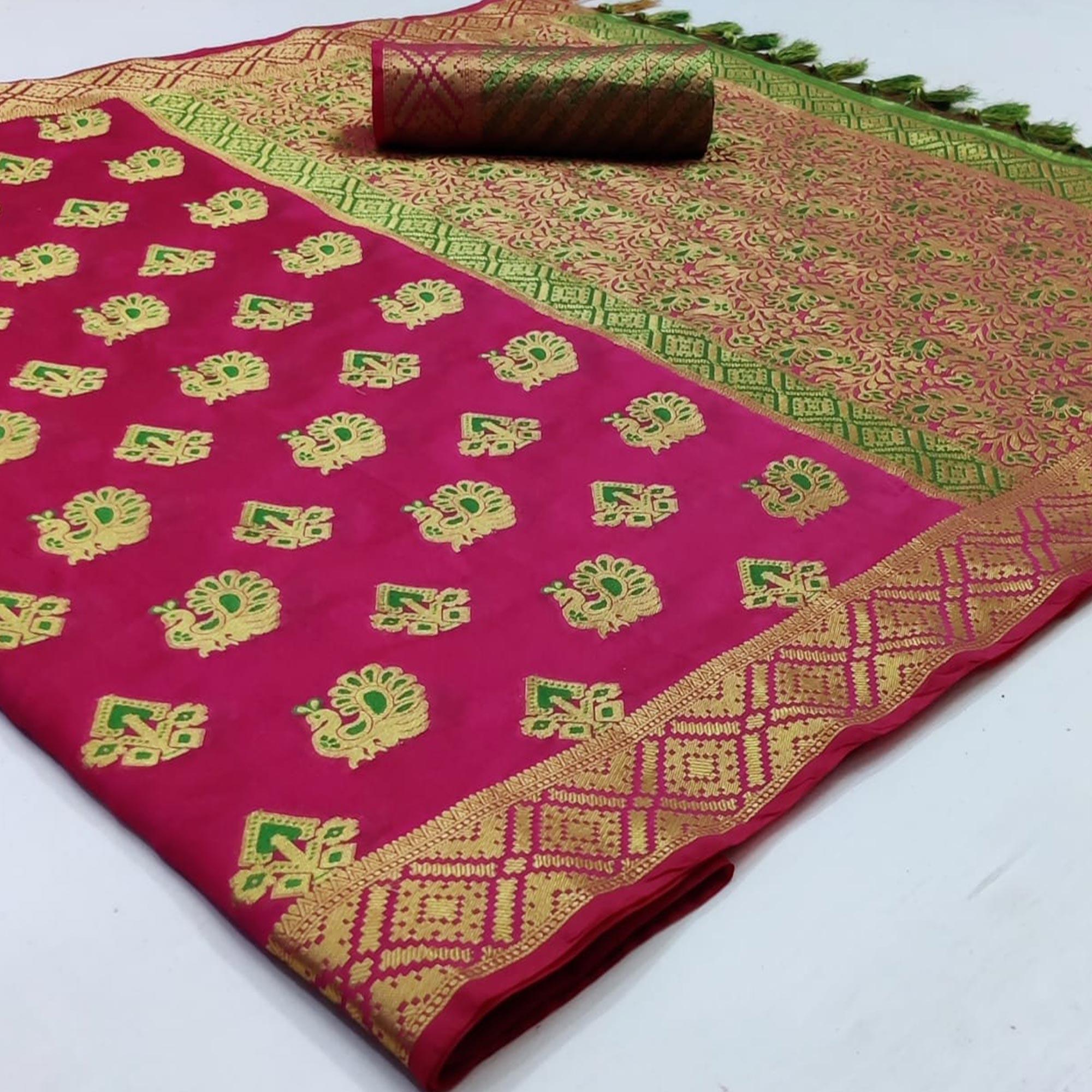 Mesmeric Dark Pink Colored Festive Wear Woven Cotton Saree - Peachmode