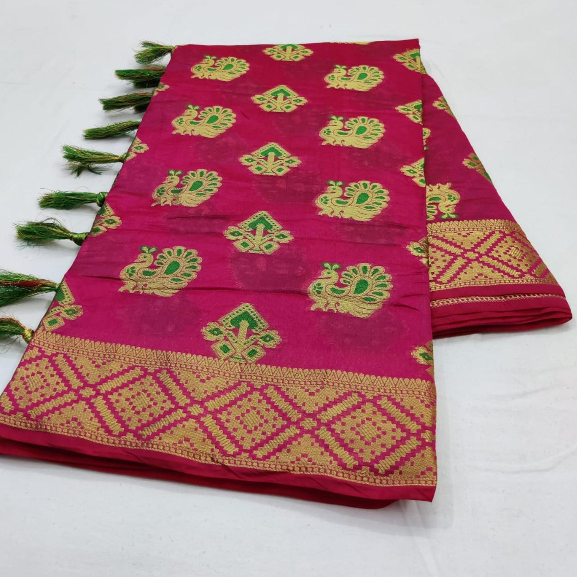 Mesmeric Dark Pink Colored Festive Wear Woven Cotton Saree - Peachmode