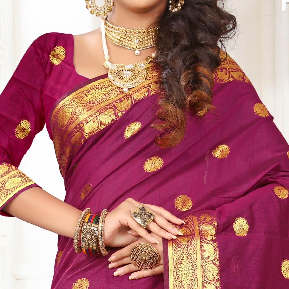 Mesmeric Dark Pink Colored Festive Wear Woven Cotton Silk Saree - Peachmode