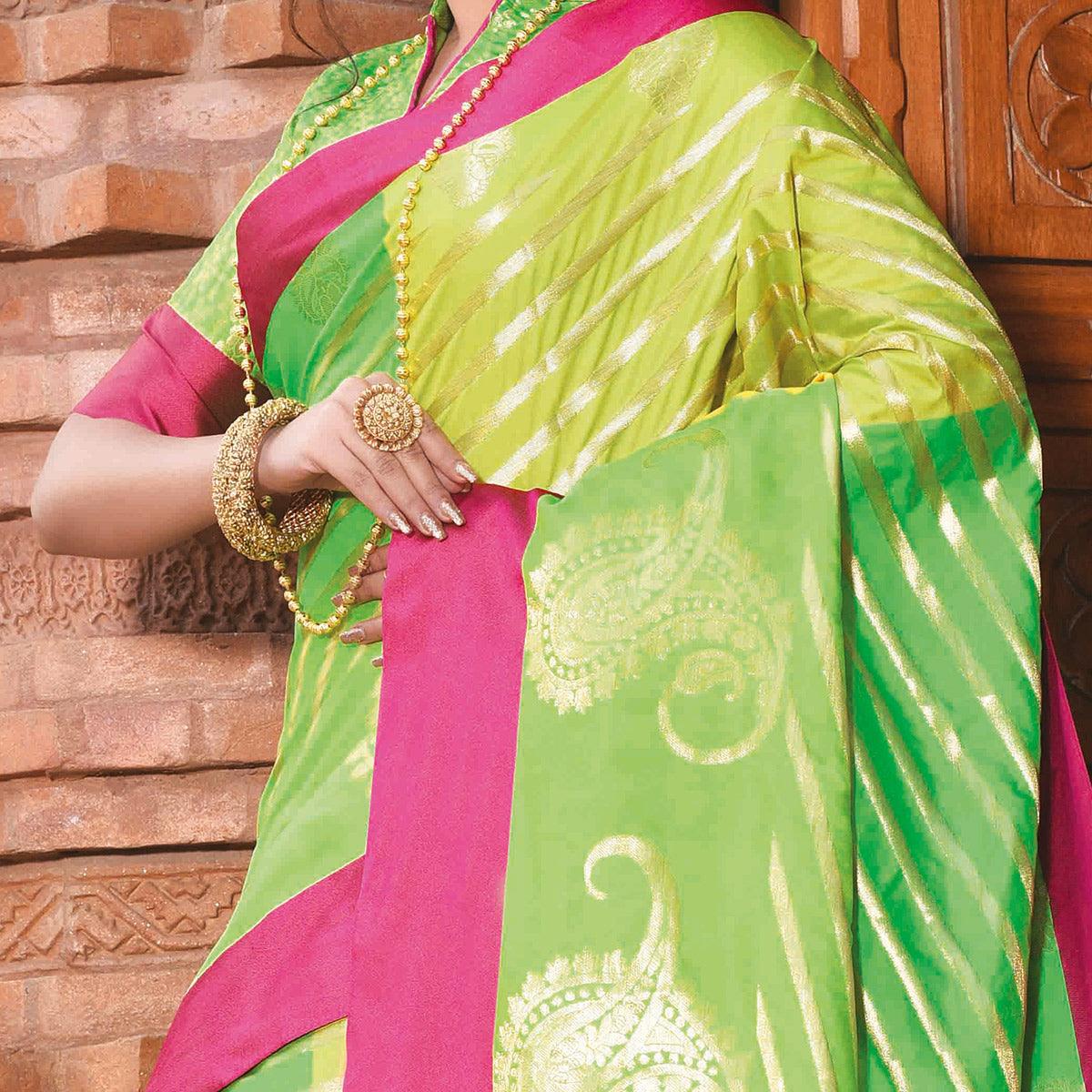 Mesmeric Green Colored Festive Wear Woven Handloom Silk Saree - Peachmode