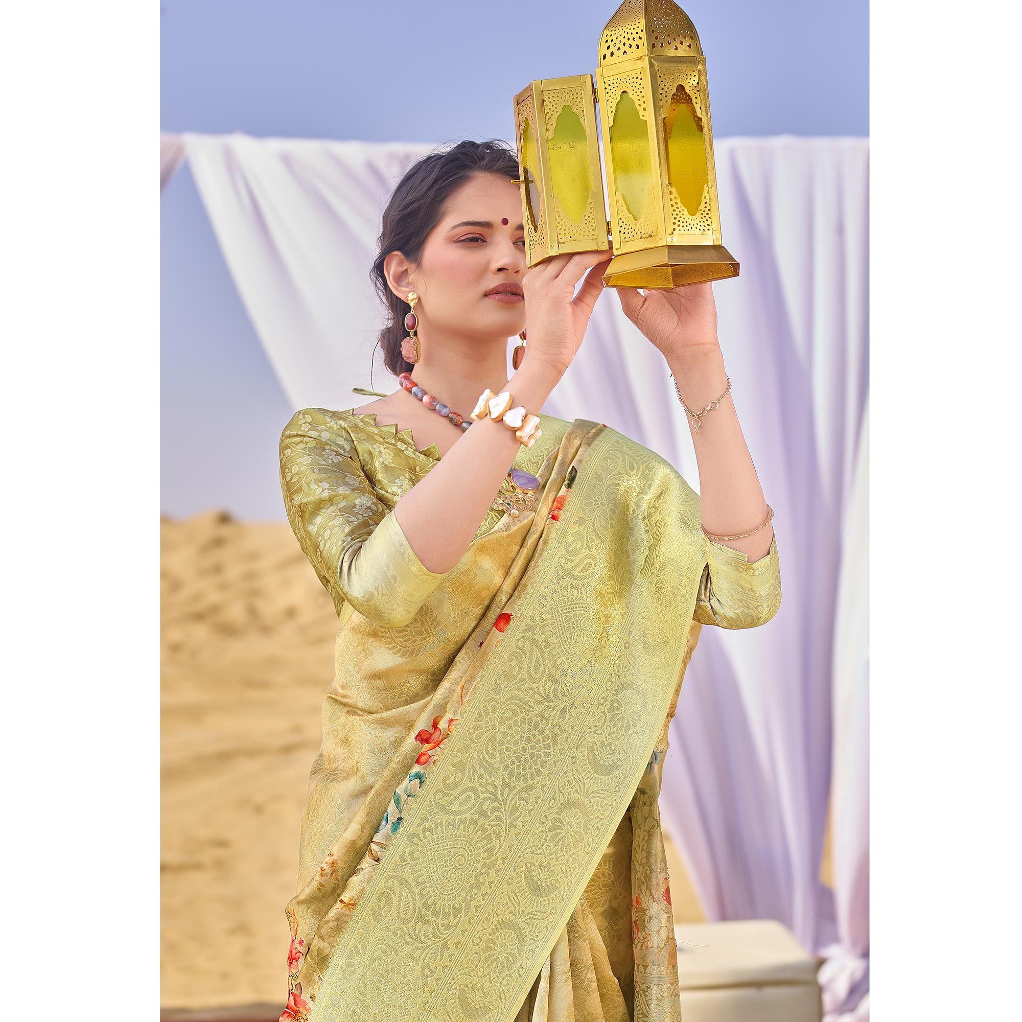 Mesmeric Green Colored Festive Wear Woven Silk Saree - Peachmode
