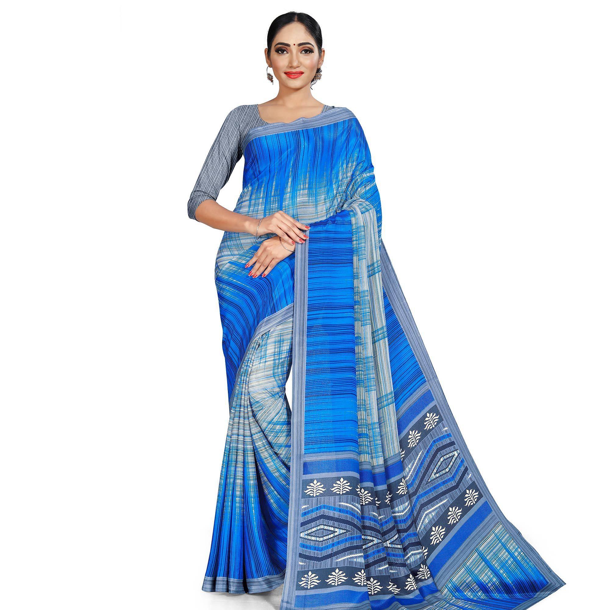 Mesmeric Grey - Blue Colored Casual Wear Printed Crepe Saree - Peachmode