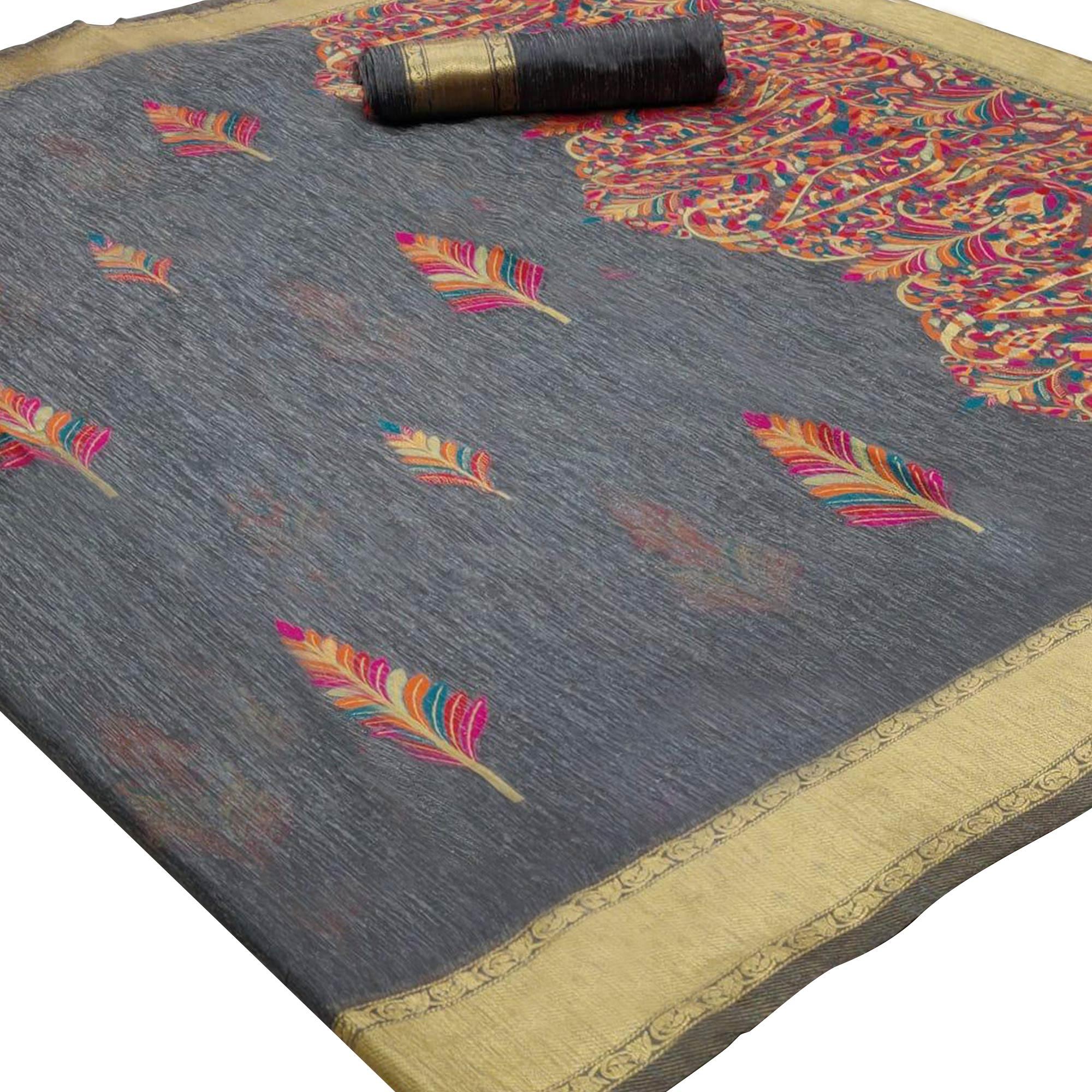 Mesmeric Grey Colored Partywear Printed Linen Saree - Peachmode