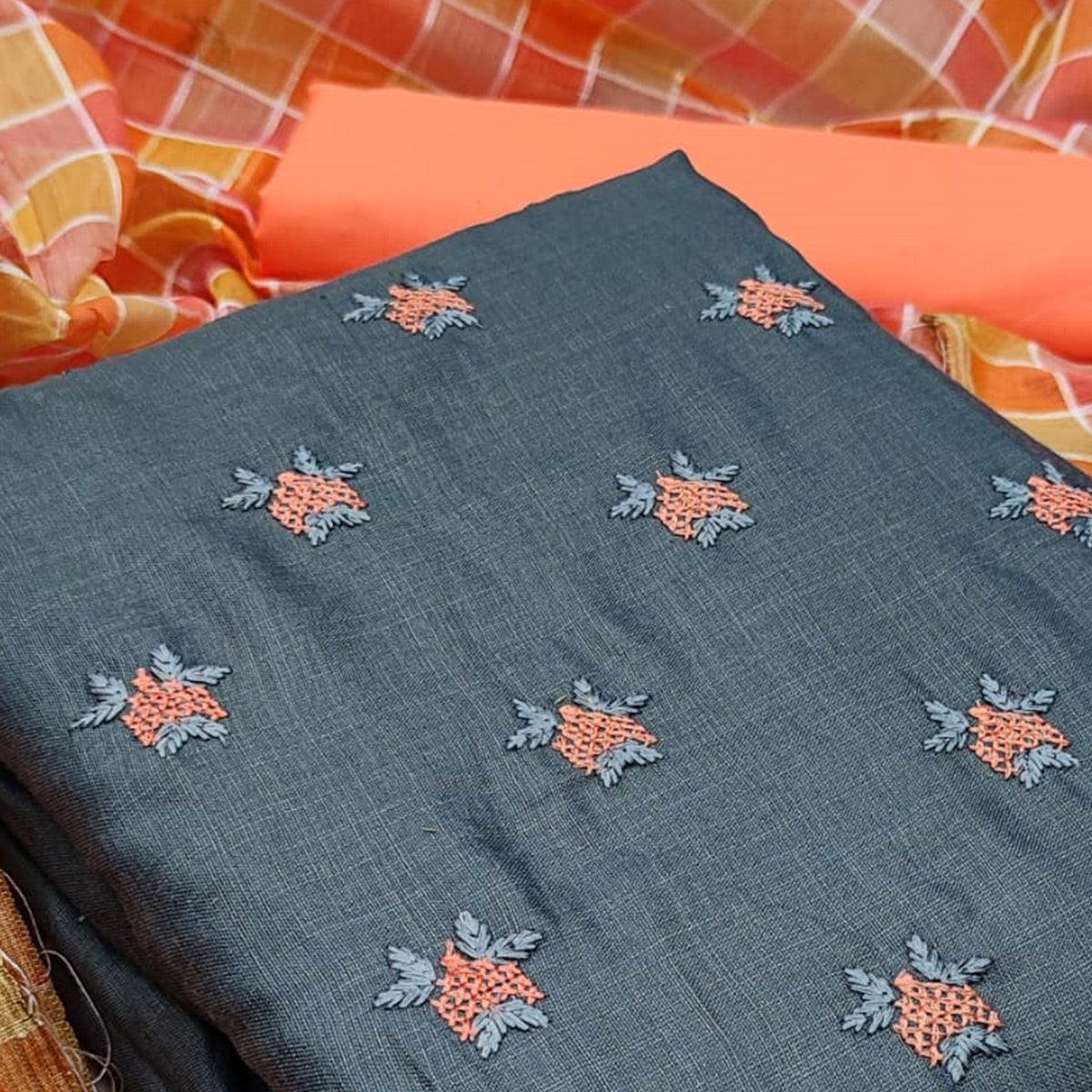 Mesmeric Grey - Peach Colored Casual Wear Embroidered Cotton Dress Material - Peachmode
