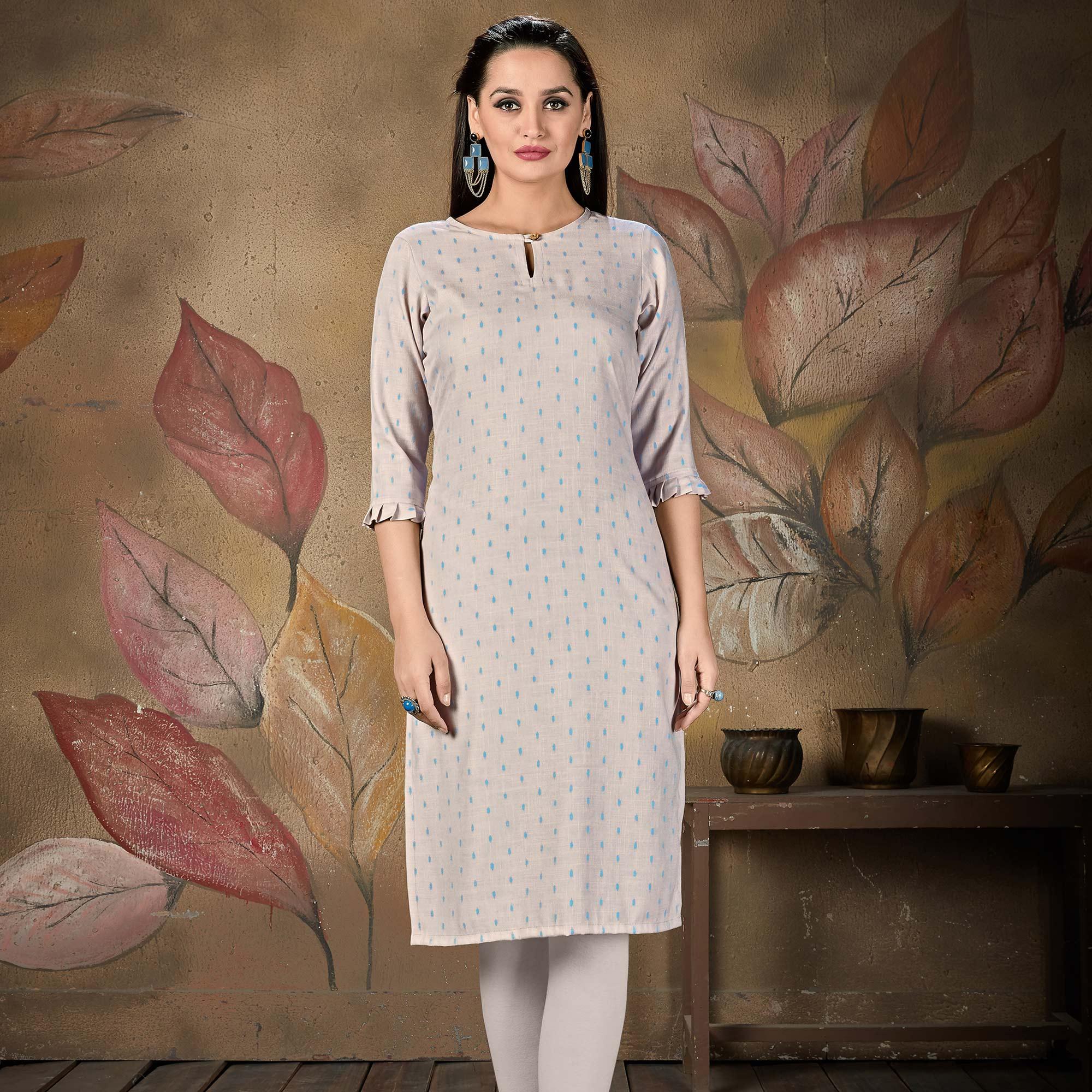 Mesmeric Light Blue Colored Casual Embroidered Cotton Kurti - Peachmode