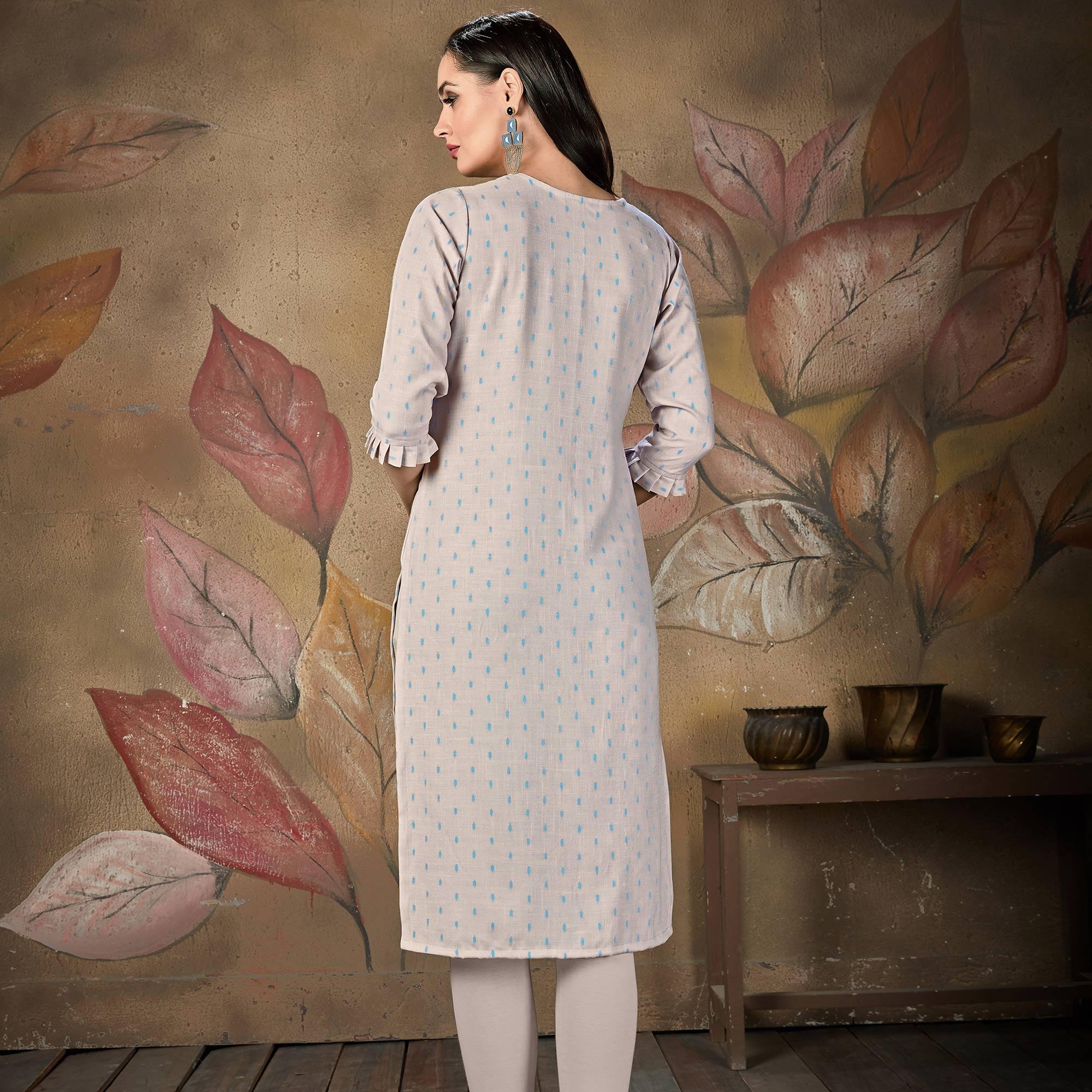 Mesmeric Light Blue Colored Casual Embroidered Cotton Kurti - Peachmode