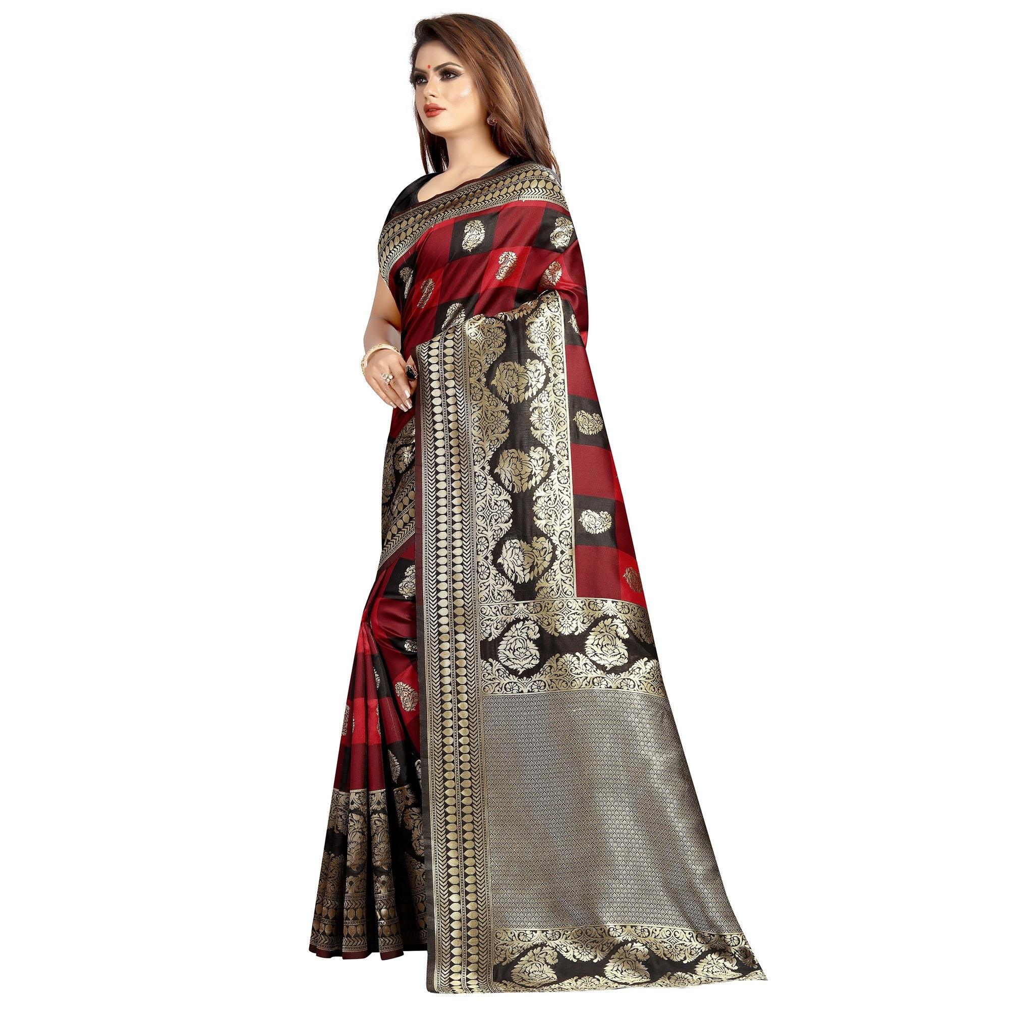 Mesmeric Maroon-Black Colored Festive Wear Woven Art Silk With Jacquard Border Saree - Peachmode