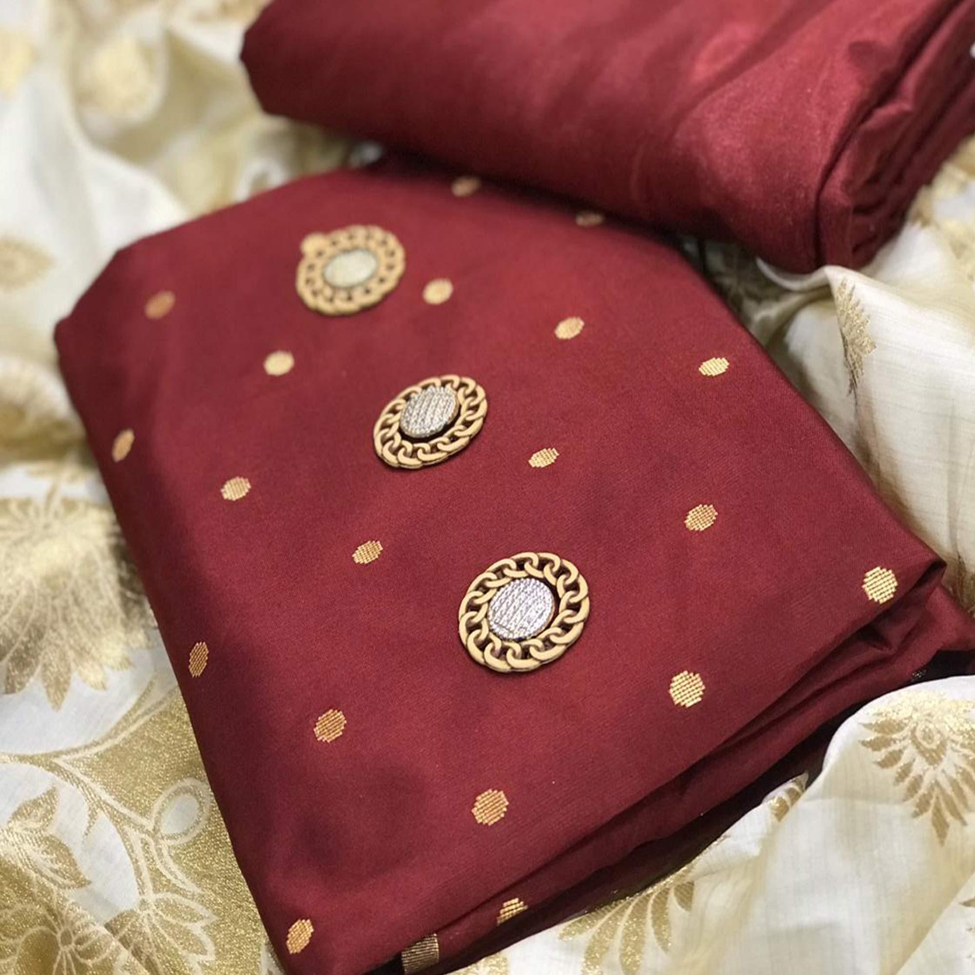 Mesmeric Maroon Woven Satin Dress Material With Banarasi Silk Dupatta - Peachmode