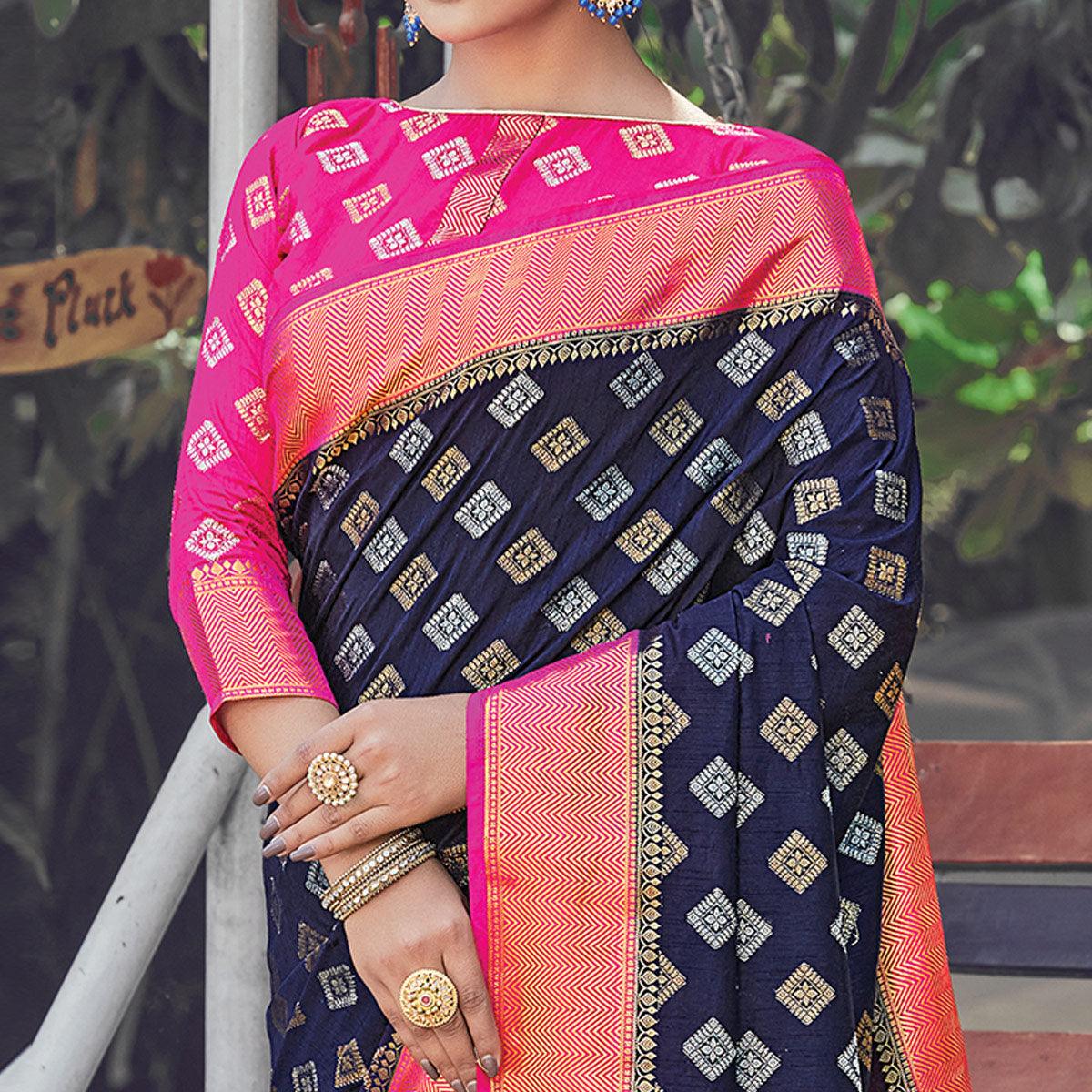 Mesmeric Navy Blue Colored Festive Wear Woven Silk Saree - Peachmode