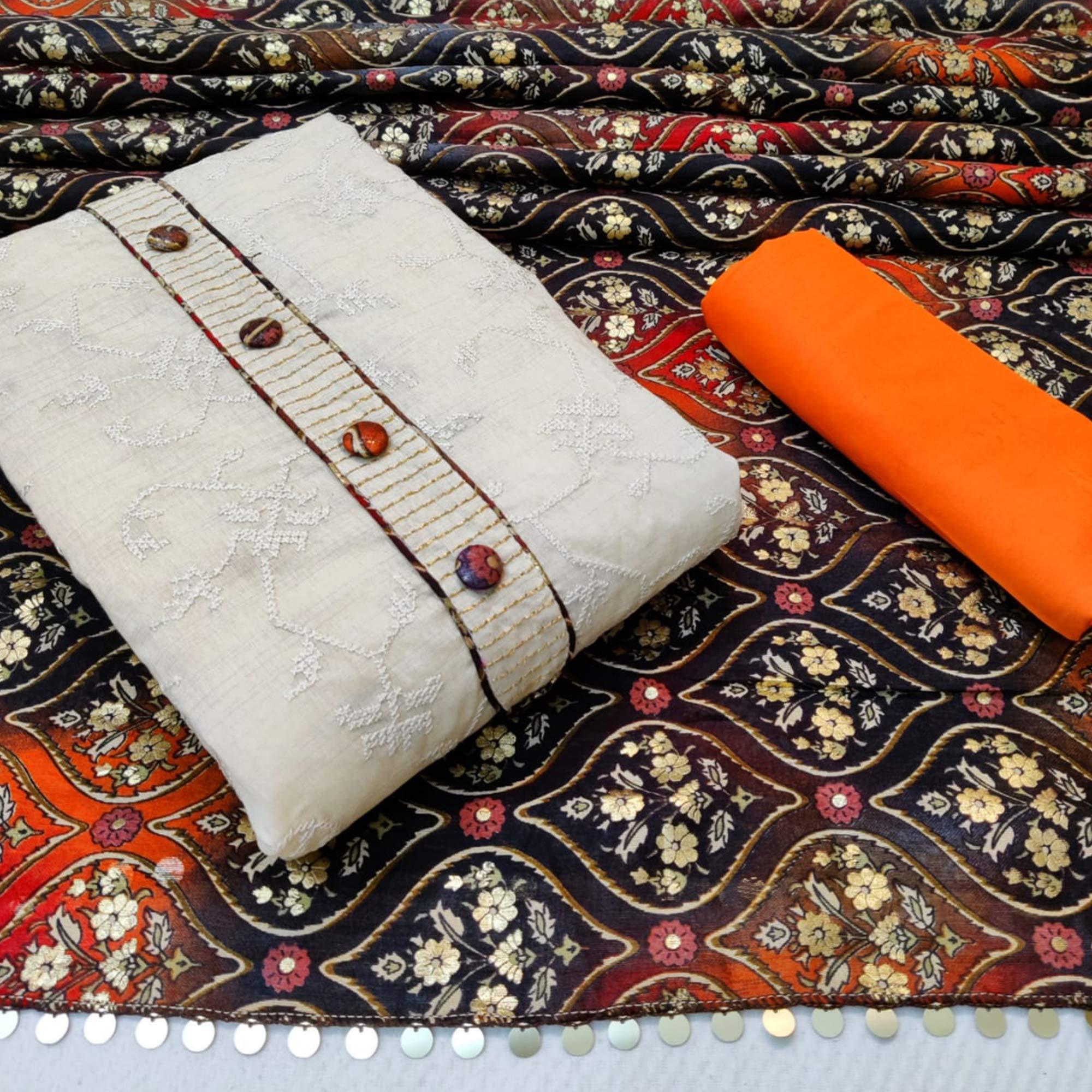 Mesmeric Offwhite - Orange Colored Casual Wear Embroidered Cotton Dress Material - Peachmode