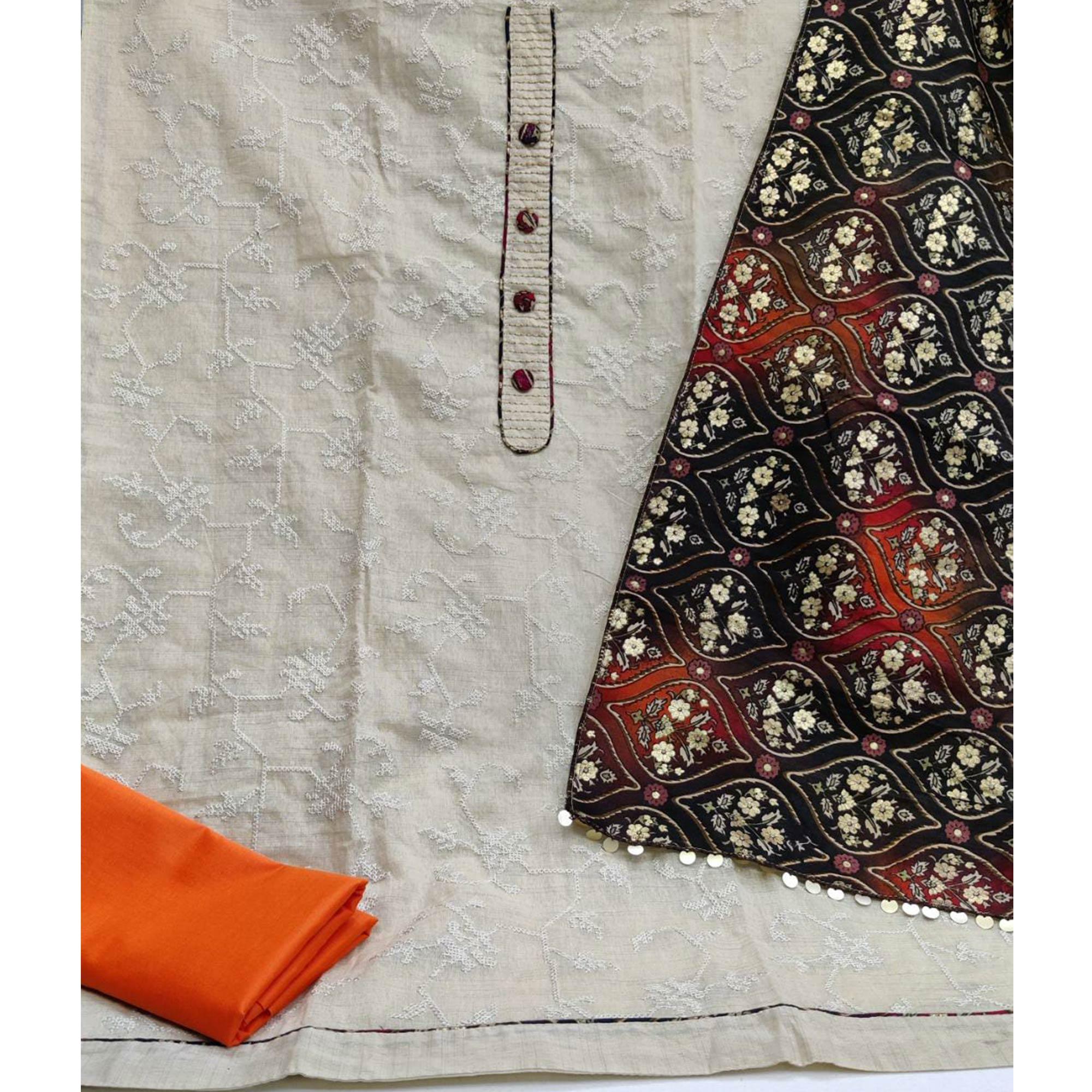 Mesmeric Offwhite - Orange Colored Casual Wear Embroidered Cotton Dress Material - Peachmode