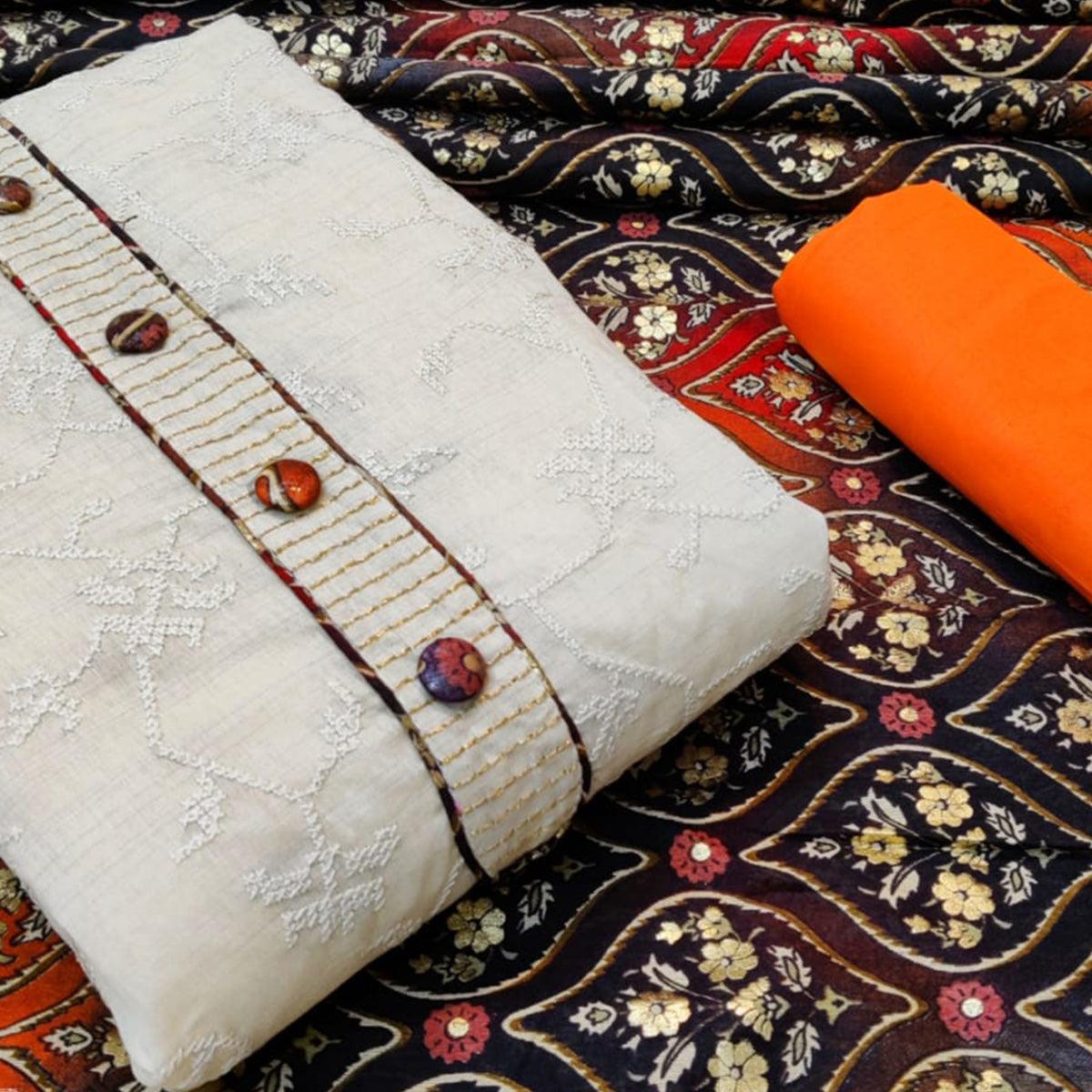Mesmeric Offwhite - Orange Colored Casual Wear Embroidered Cotton Dress Material - Peachmode