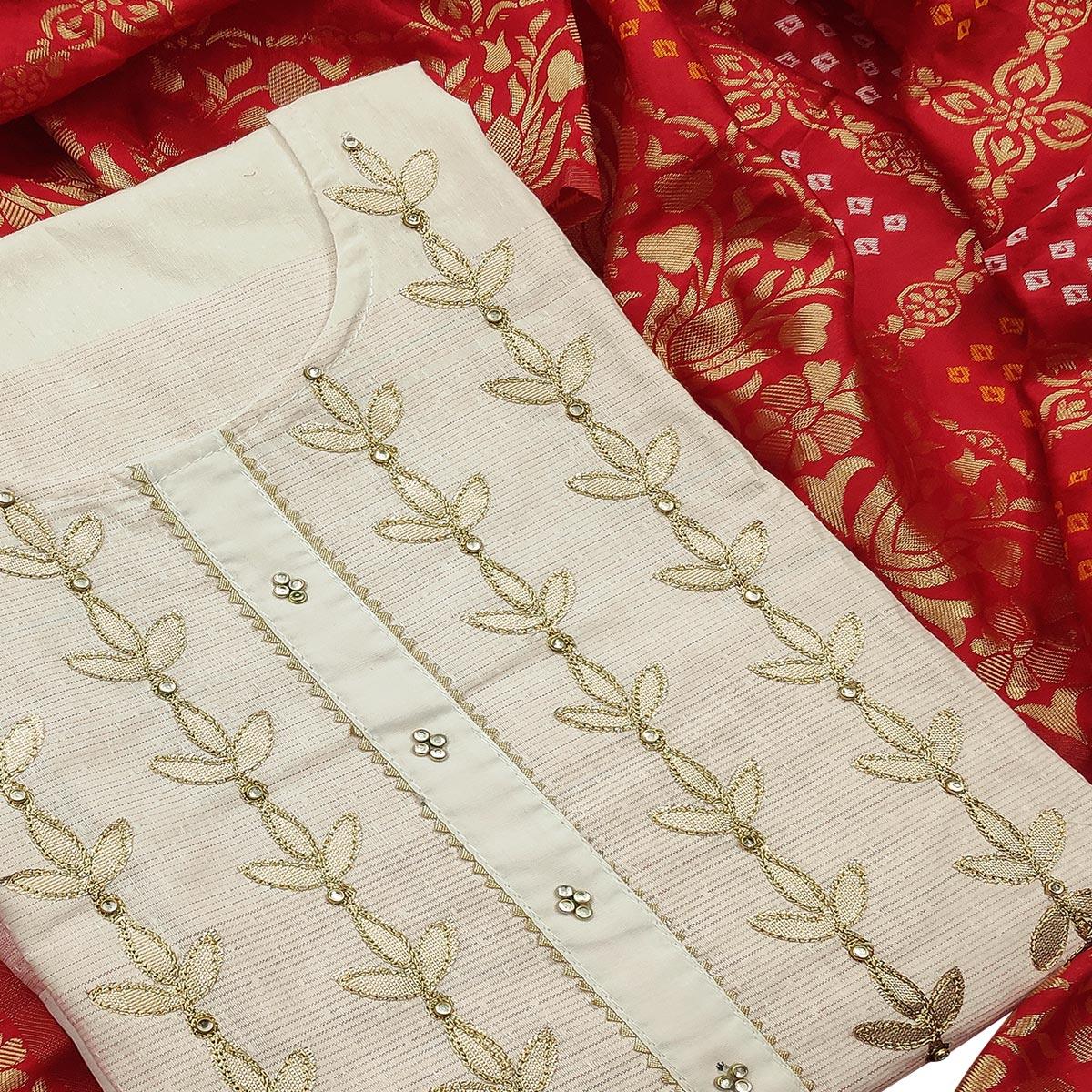 Mesmeric Offwhite - Red Colored Casual Embroidered Cotton Dress Material - Peachmode