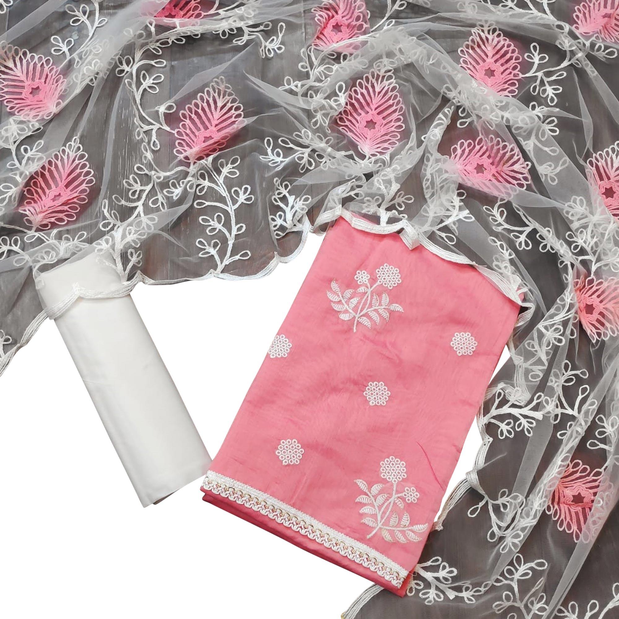 Mesmeric Pastel Pink Colored Casual Embroidered Chanderi Dress Material - Peachmode