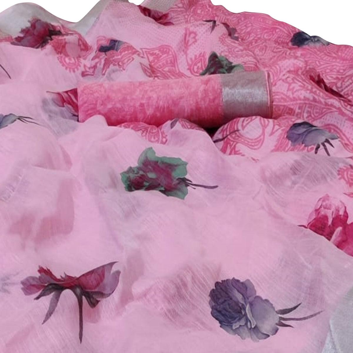 Mesmeric Pink Colored Casual Wear Printed Linen Saree - Peachmode