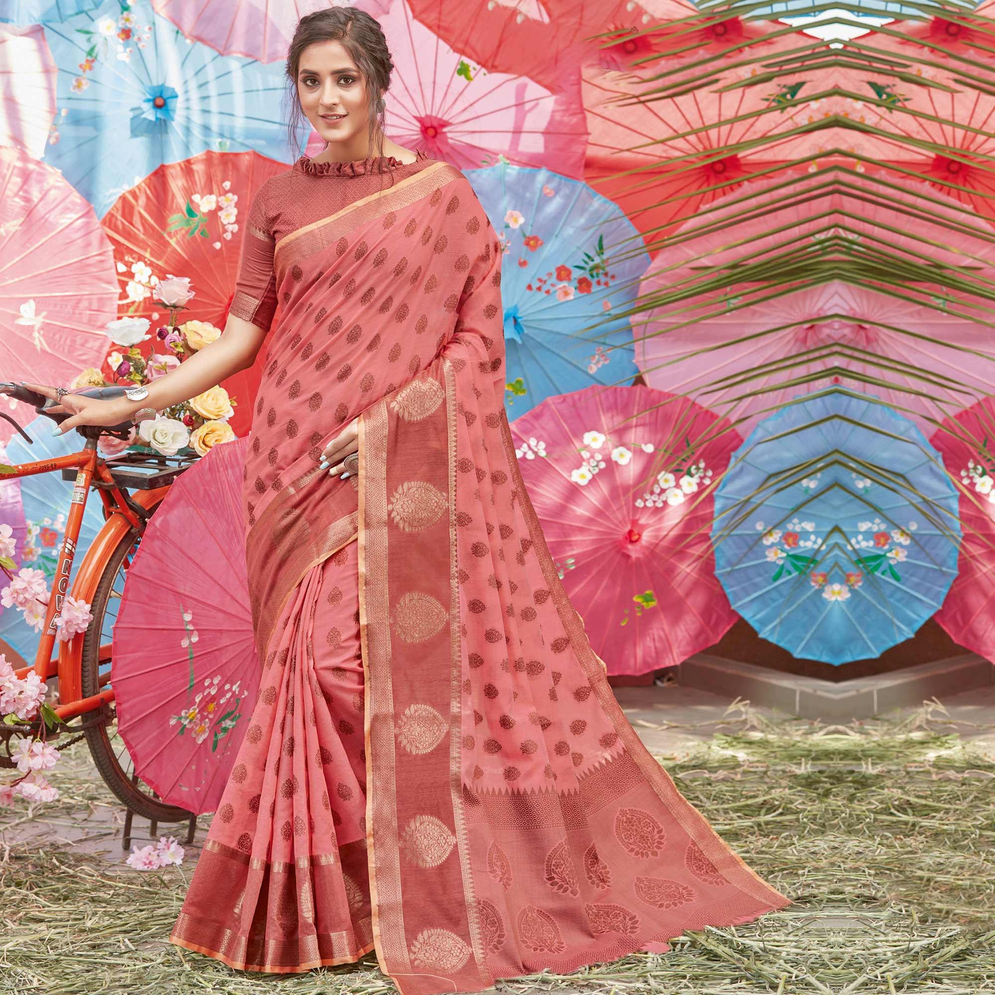 Mesmeric Pink Coloured Festive Wear Woven Cotton Handloom Saree - Peachmode