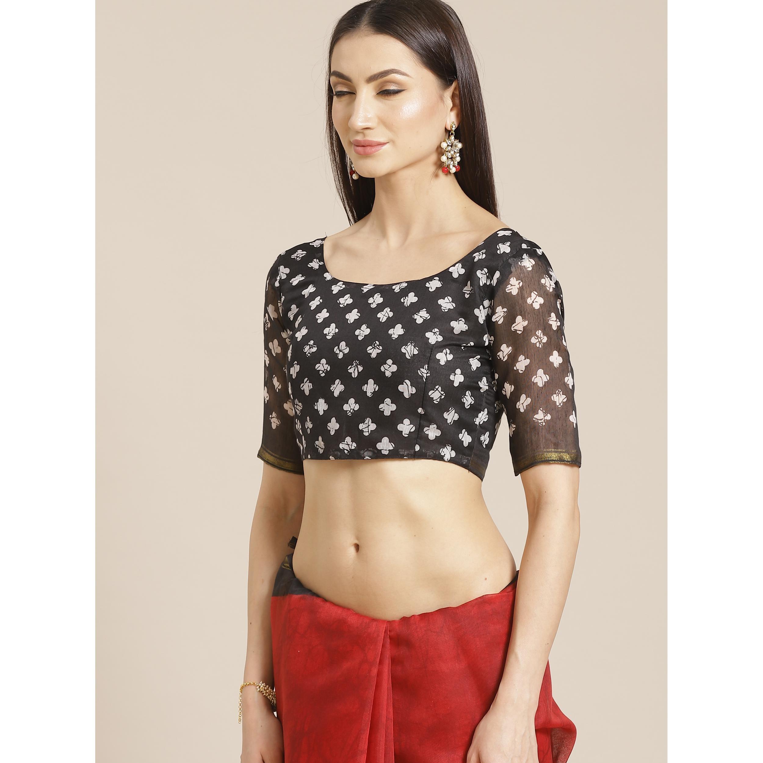 Mesmeric Red - Black Colored Casual Wear Printed Silk Blend Saree - Peachmode