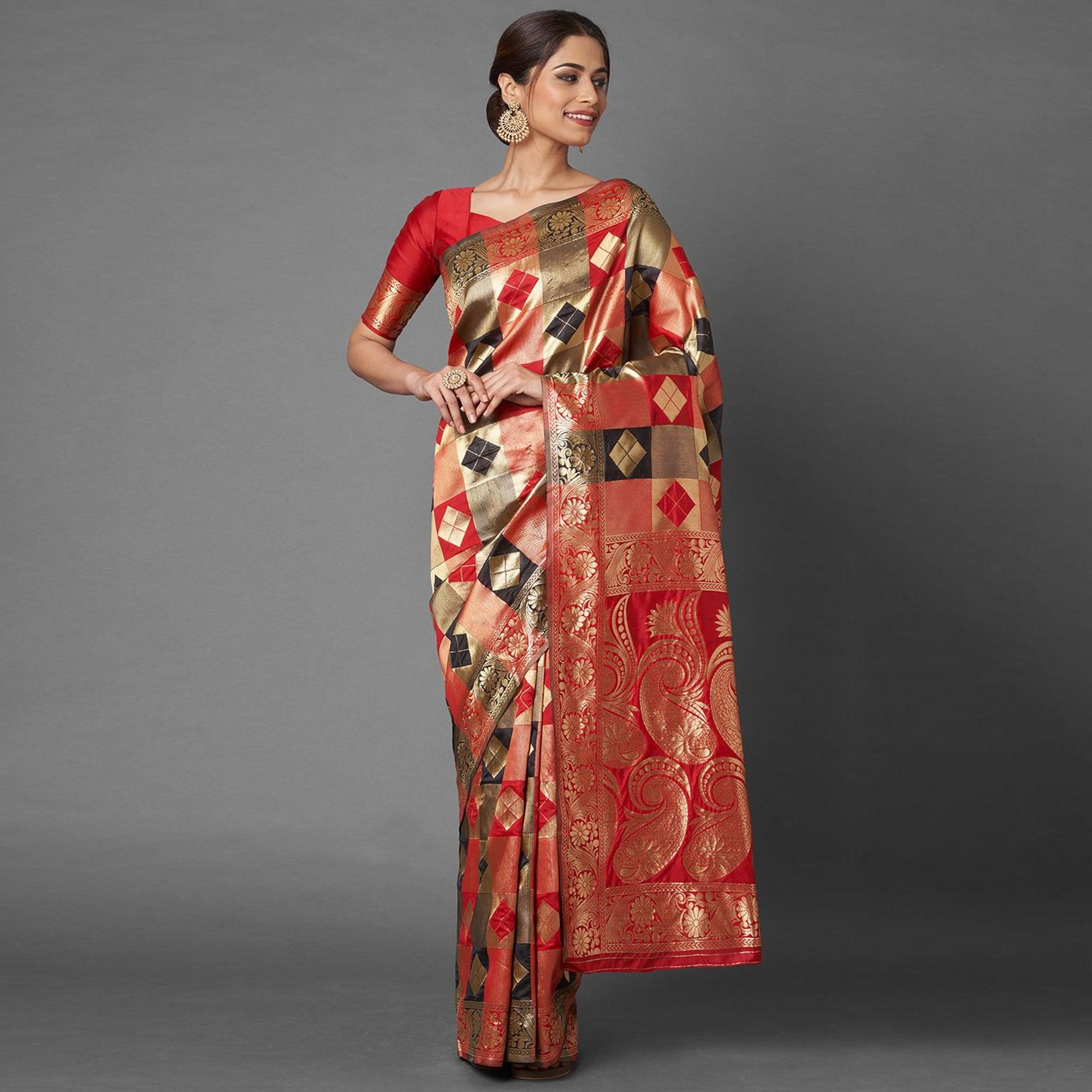 Mesmeric Red - Black Colored Festive Wear Woven Silk Blend Saree - Peachmode