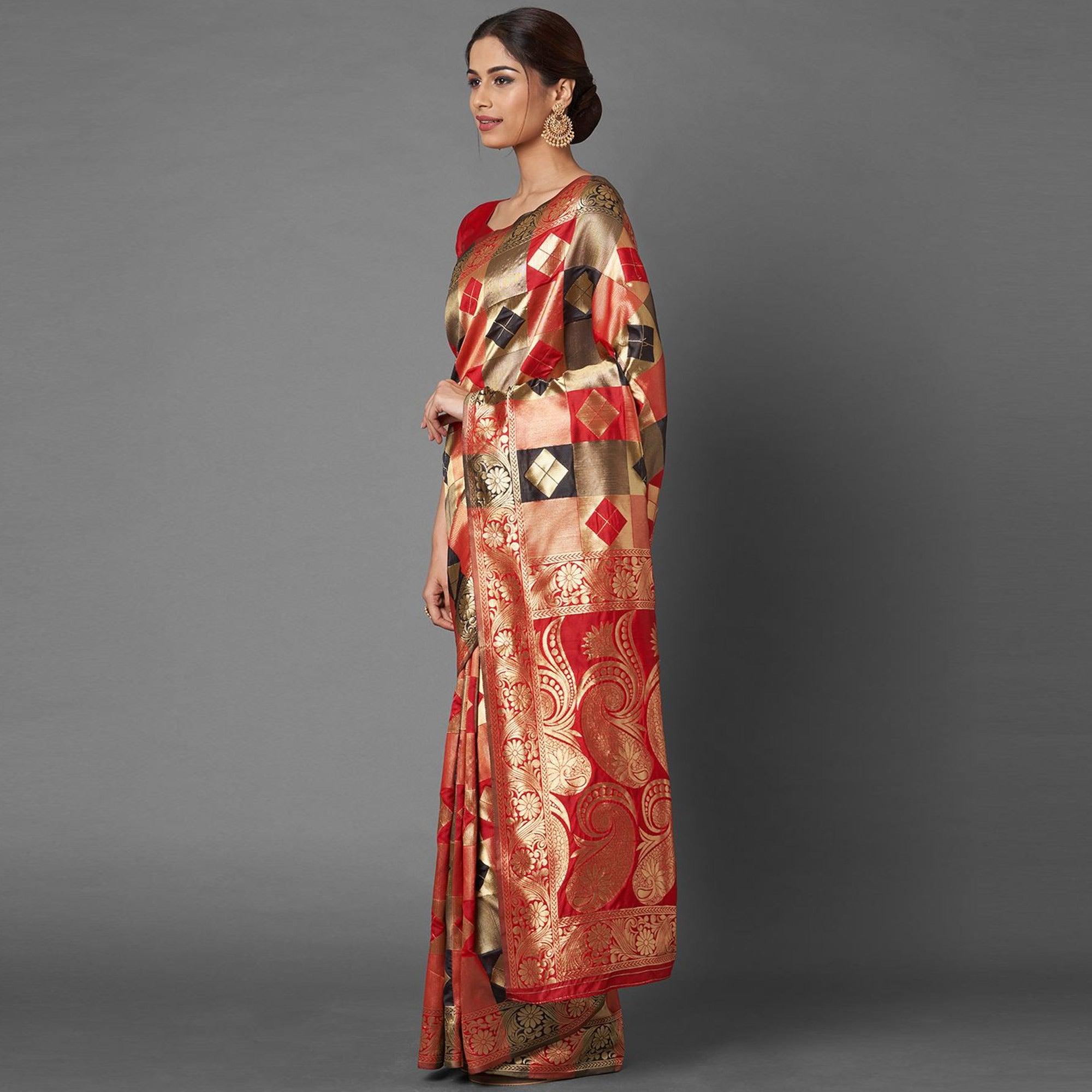 Mesmeric Red - Black Colored Festive Wear Woven Silk Blend Saree - Peachmode