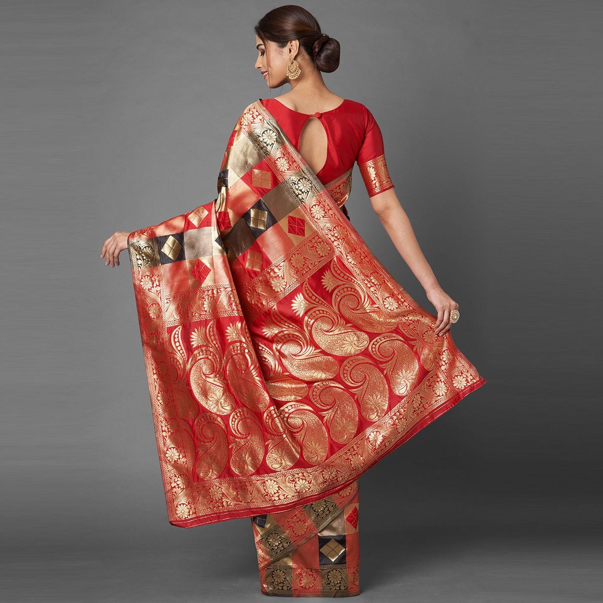 Mesmeric Red - Black Colored Festive Wear Woven Silk Blend Saree - Peachmode