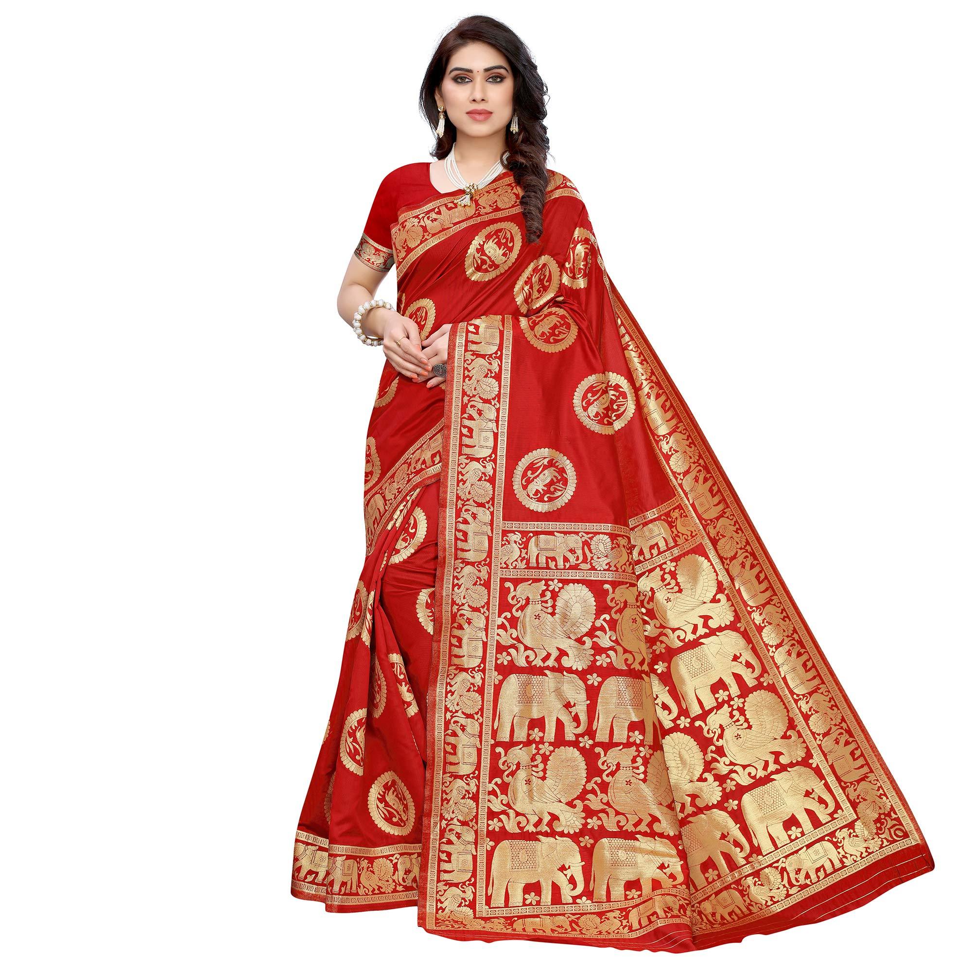 Mesmeric Red Colored Festive Wear Woven Jacquard Saree - Peachmode