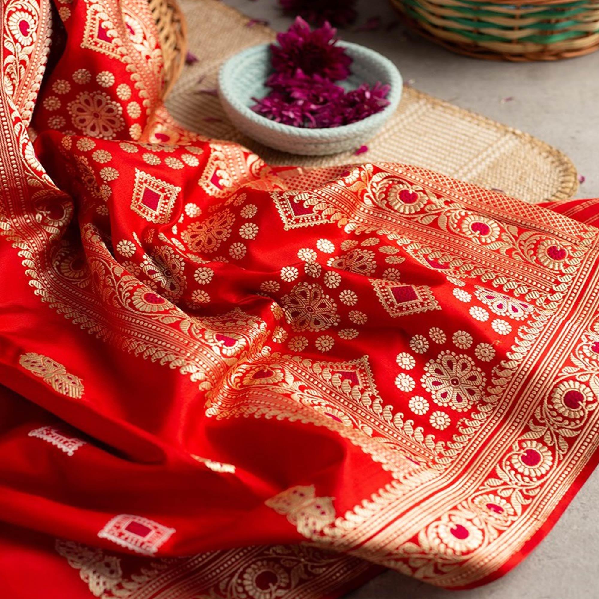 Mesmeric Red Colored Festive Woven Banarasi Silk Saree - Peachmode