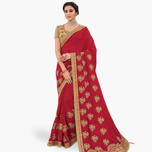 Mesmeric Red Colored Partywear Embroidered Silk Saree - Peachmode
