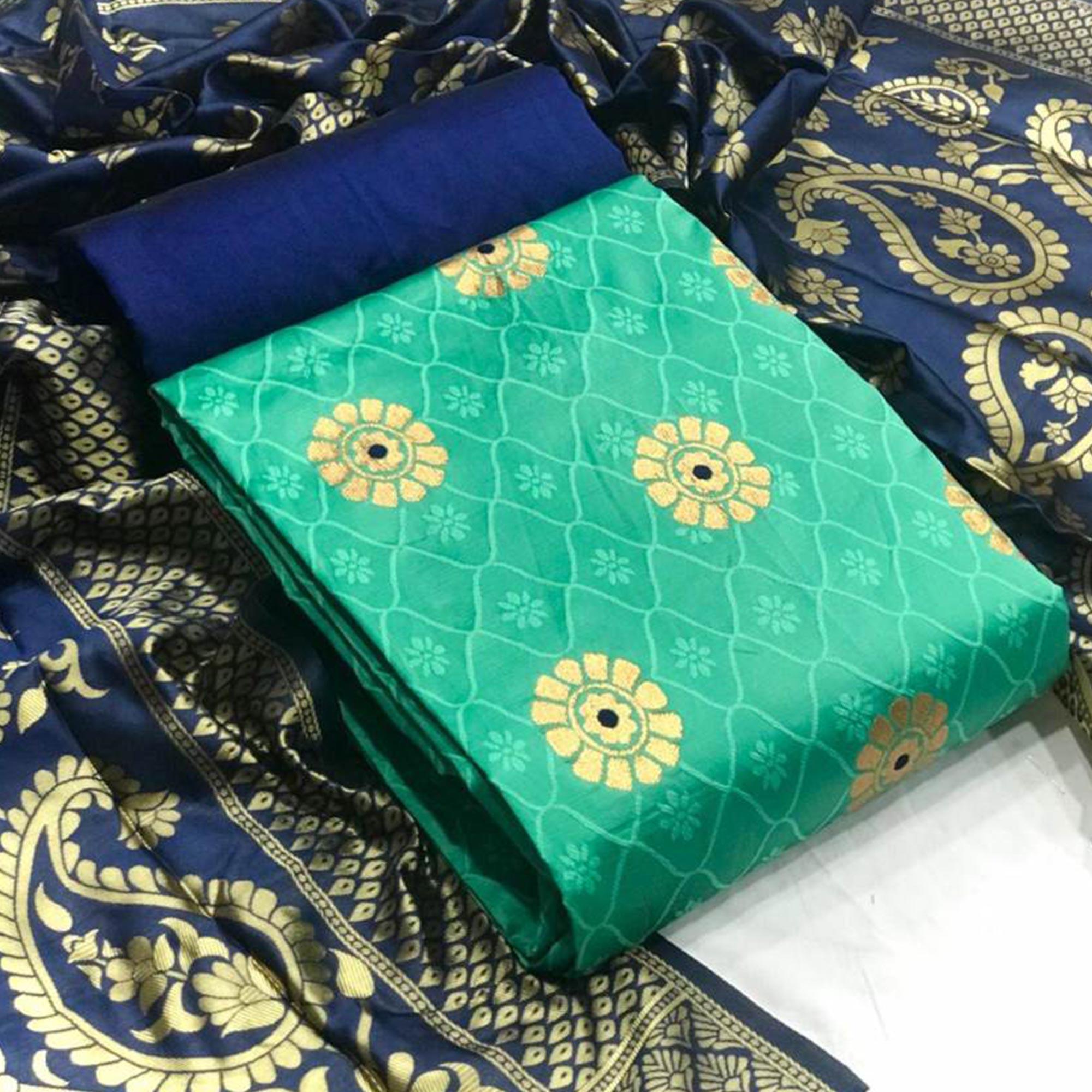 Mesmeric Sea Green Colored Casual Wear Banarasi Silk Dress Material - Peachmode