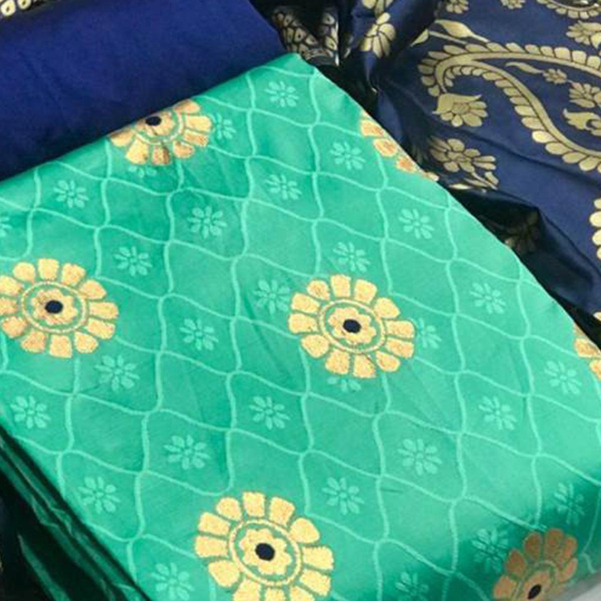 Mesmeric Sea Green Colored Casual Wear Banarasi Silk Dress Material - Peachmode