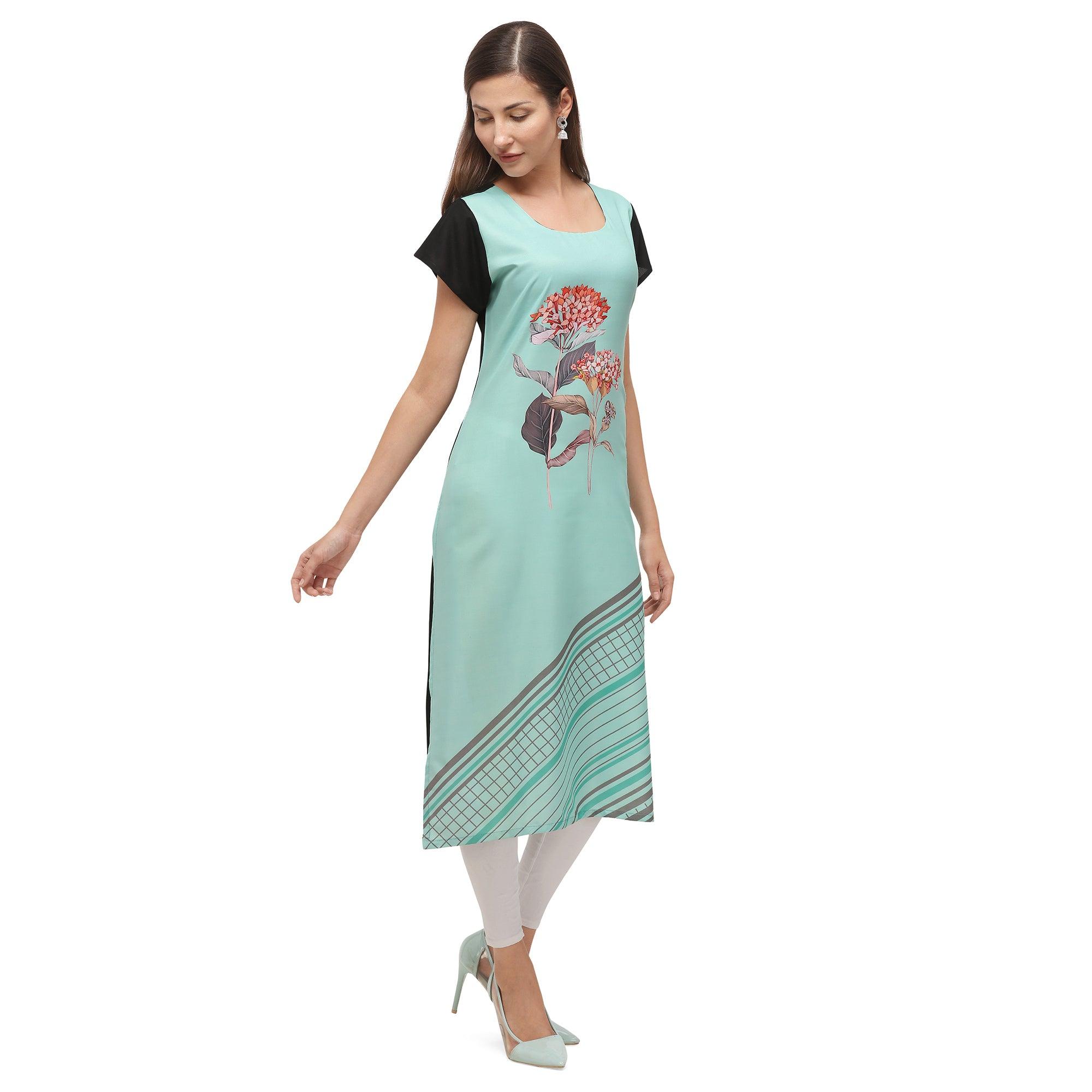 Mesmeric Turqouise Coloured Digital Printed Casual Wear Kurti - Peachmode