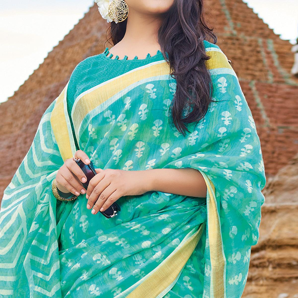 Mesmeric Turquoise Green Colored Casual Wear Printed Cotton Saree - Peachmode
